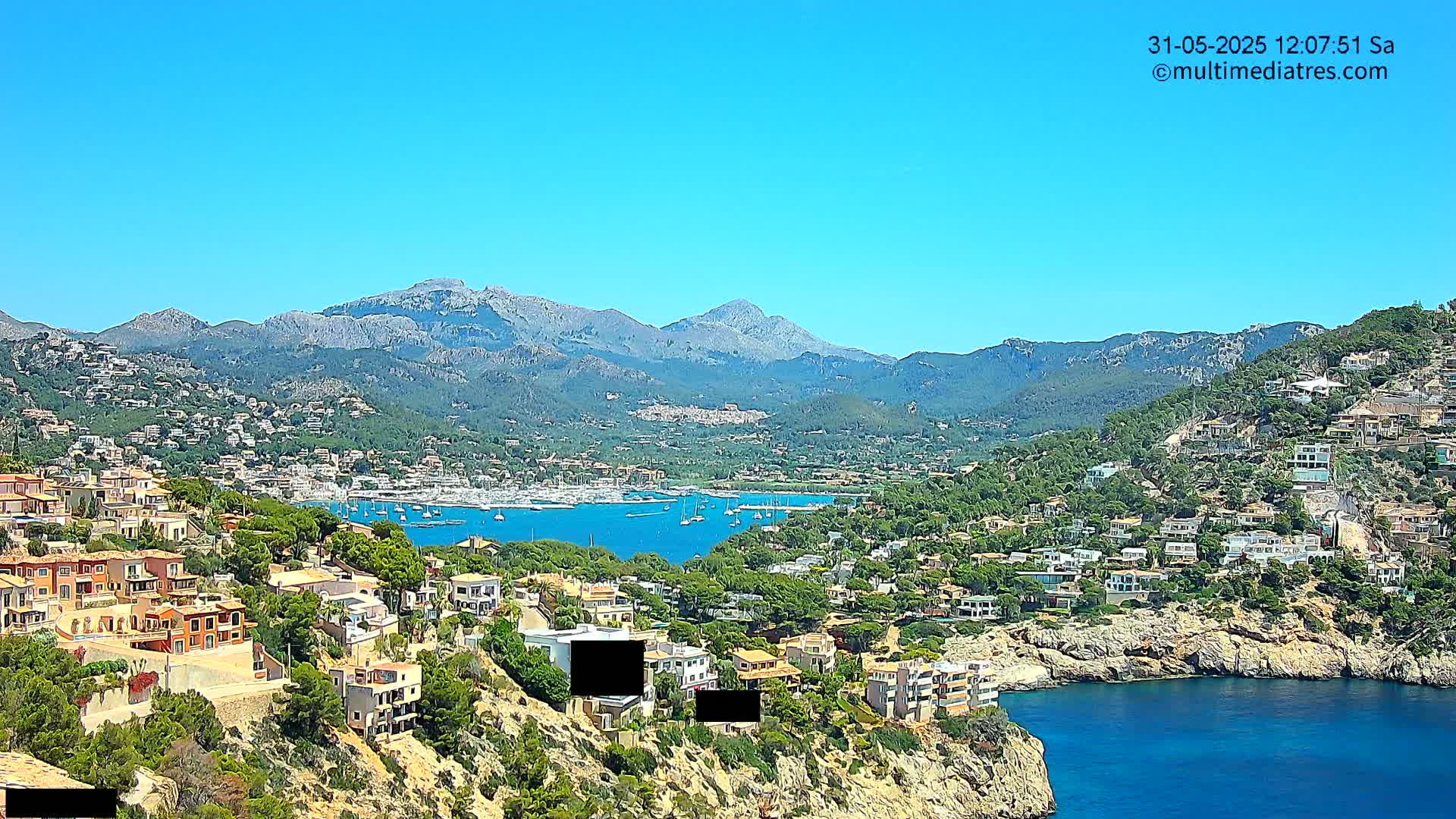 A coastal town nestled amongst mountains and a blue bay under a clear, sunny sky.