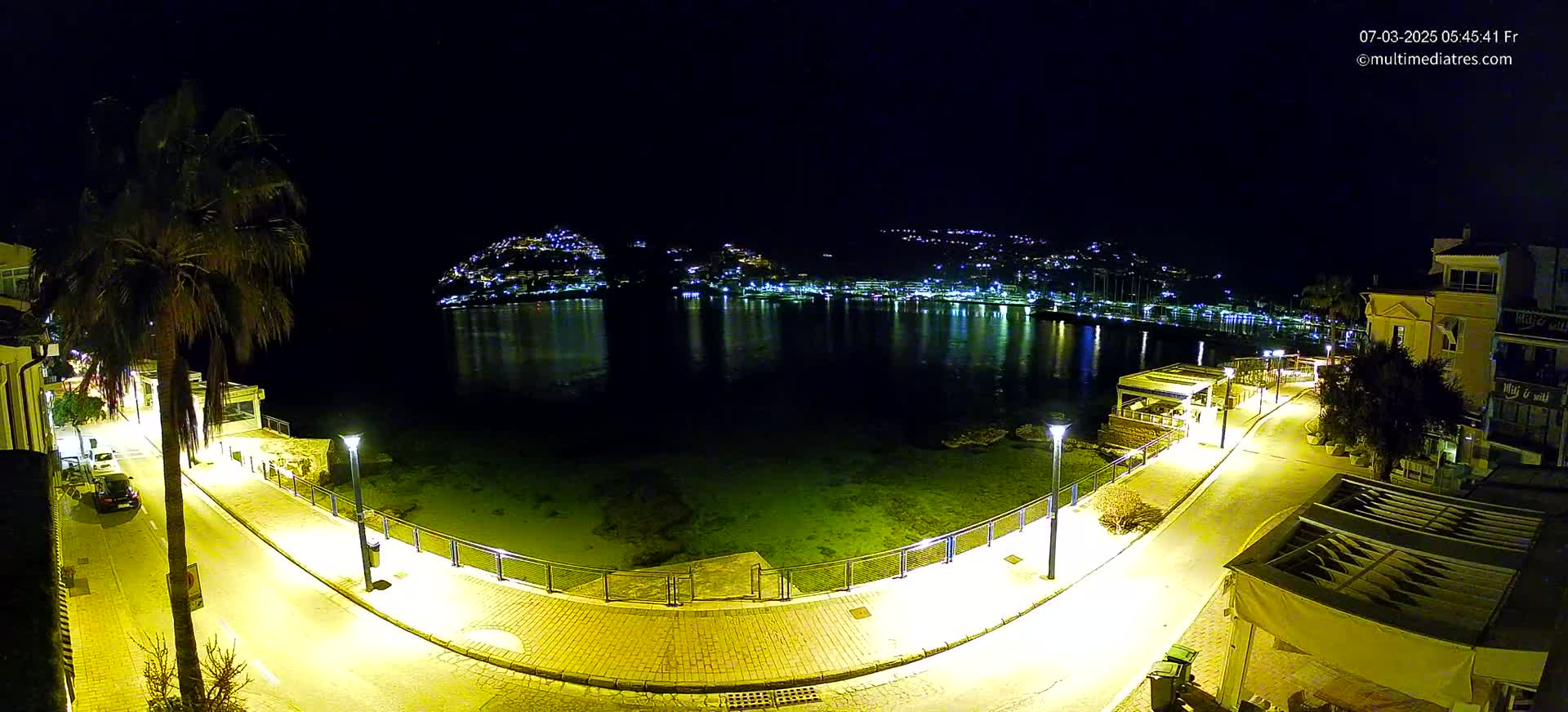 A nighttime, illuminated waterfront scene shows a calm body of water reflecting the lights of buildings on a hill in the distance, with a paved walkway curving along the shore, lined with palm trees and lampposts.