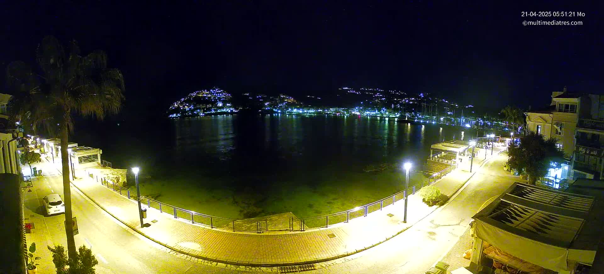 A nighttime view of a calm, illuminated harbor with a waterfront walkway, buildings, and a palm tree.