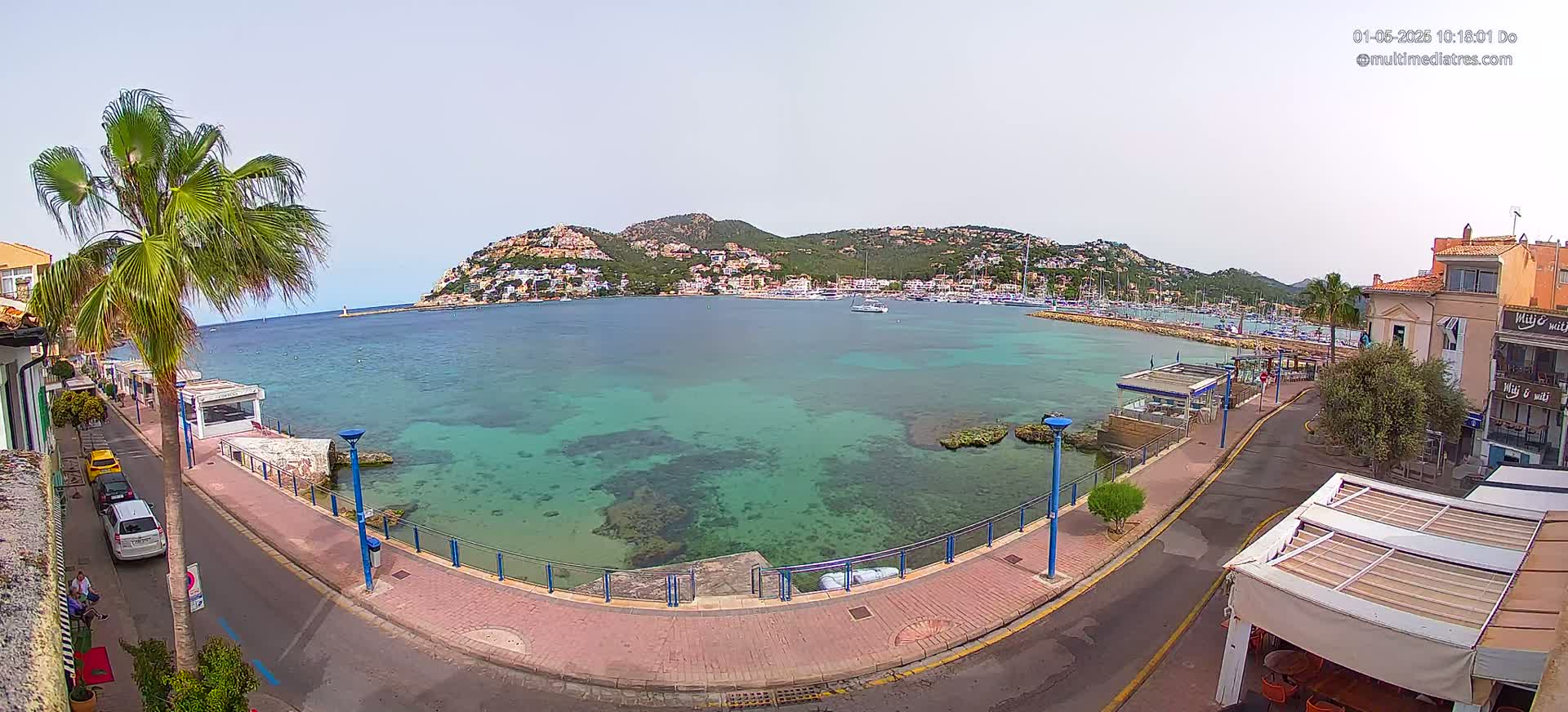 A seaside town on a sunny day with clear, shallow turquoise water, a palm tree, and parked cars visible on a paved walkway.