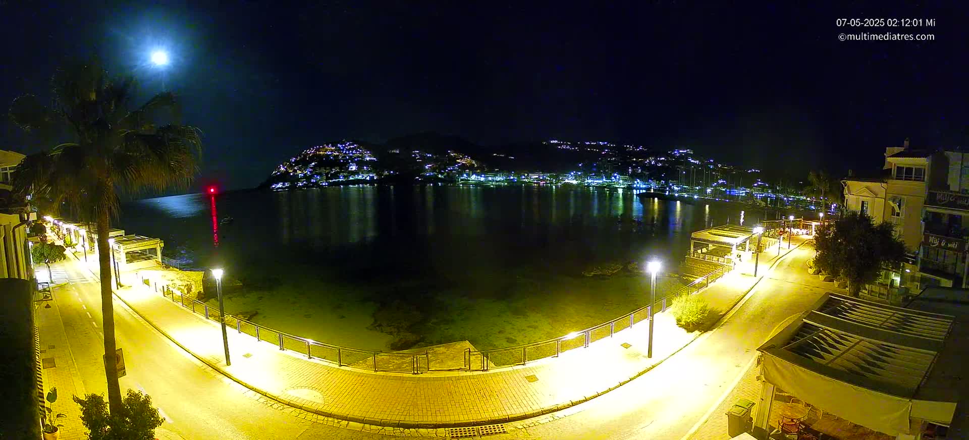 A moonlit night scene shows a calm bay with a town's lights reflected in the water, a paved walkway illuminated by lampposts, and a palm tree in the foreground.
