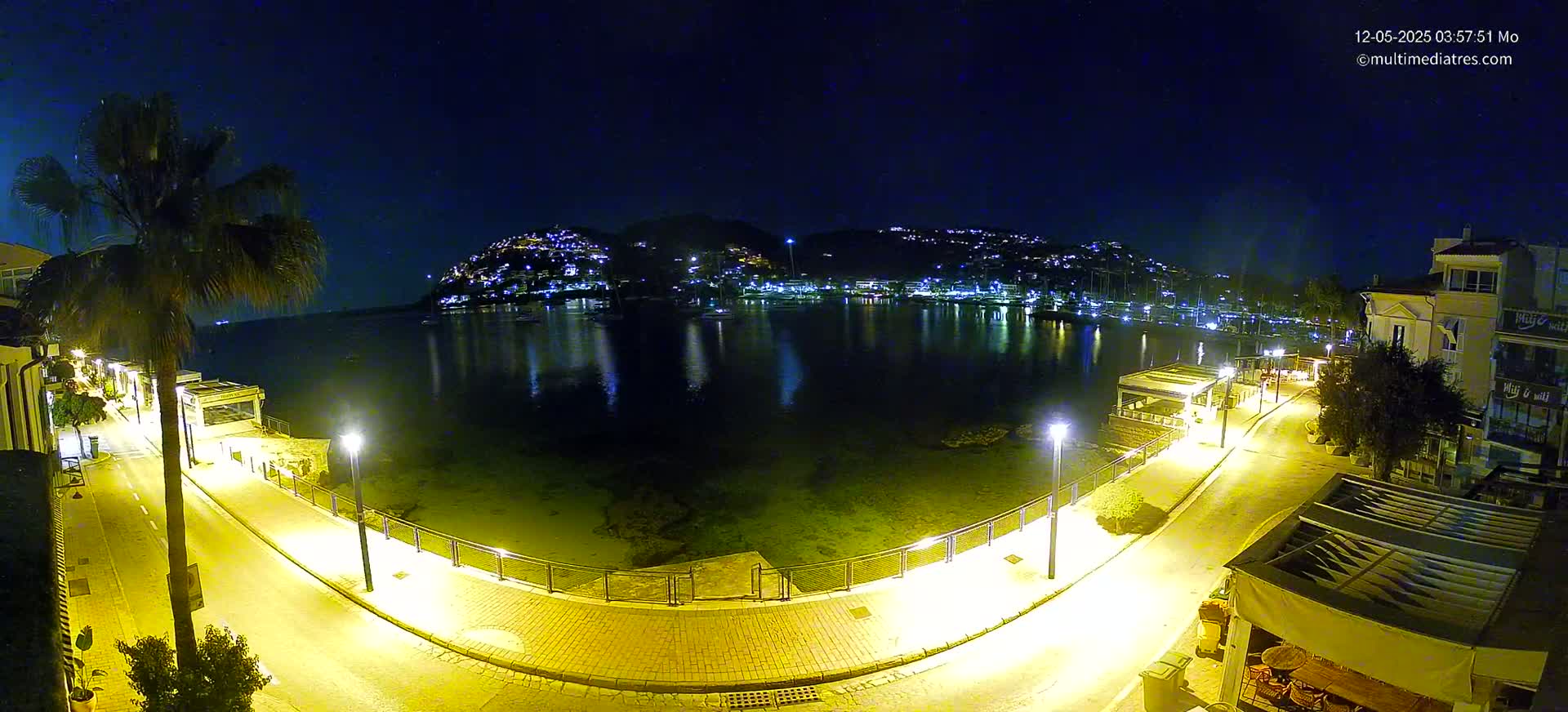 A nighttime view of a calm body of water reflecting the lights of a town nestled on a hillside, with a palm tree and illuminated walkways along the waterfront.