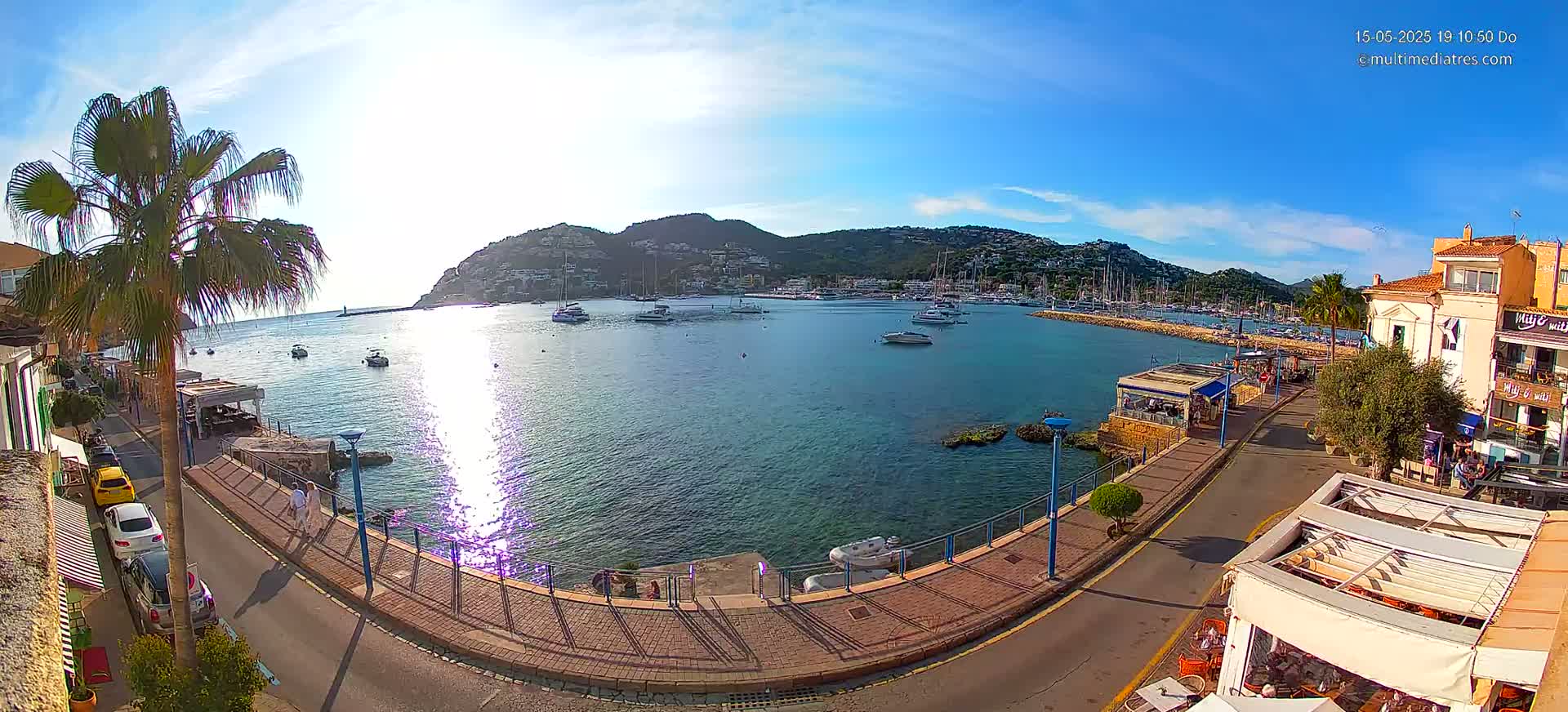 A sunny harbor scene shows a calm body of water filled with boats, bordered by a paved walkway, buildings, and palm trees, with a hill in the background.