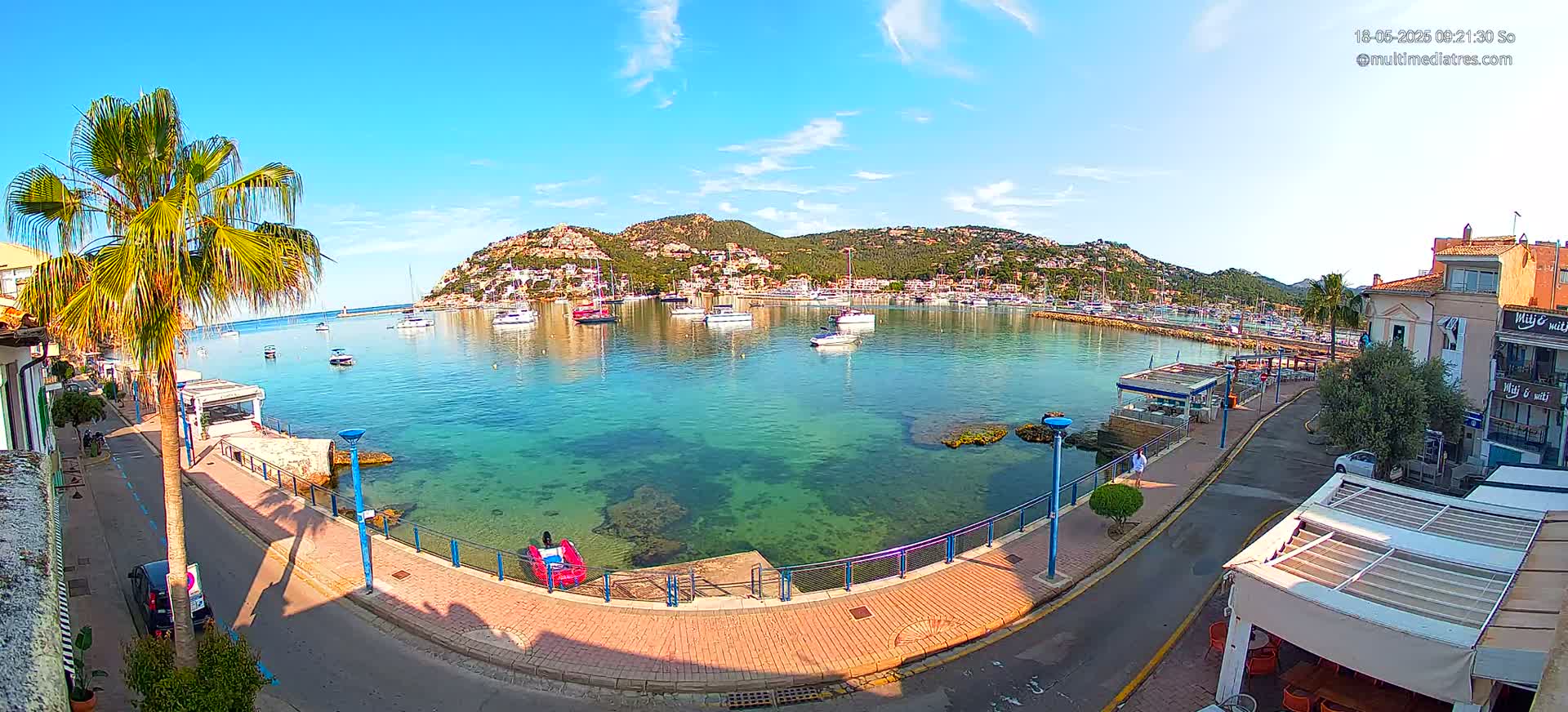 A clear, sunny day reveals a picturesque harbor filled with boats, nestled against a hillside town, all bordered by a paved walkway and palm trees.