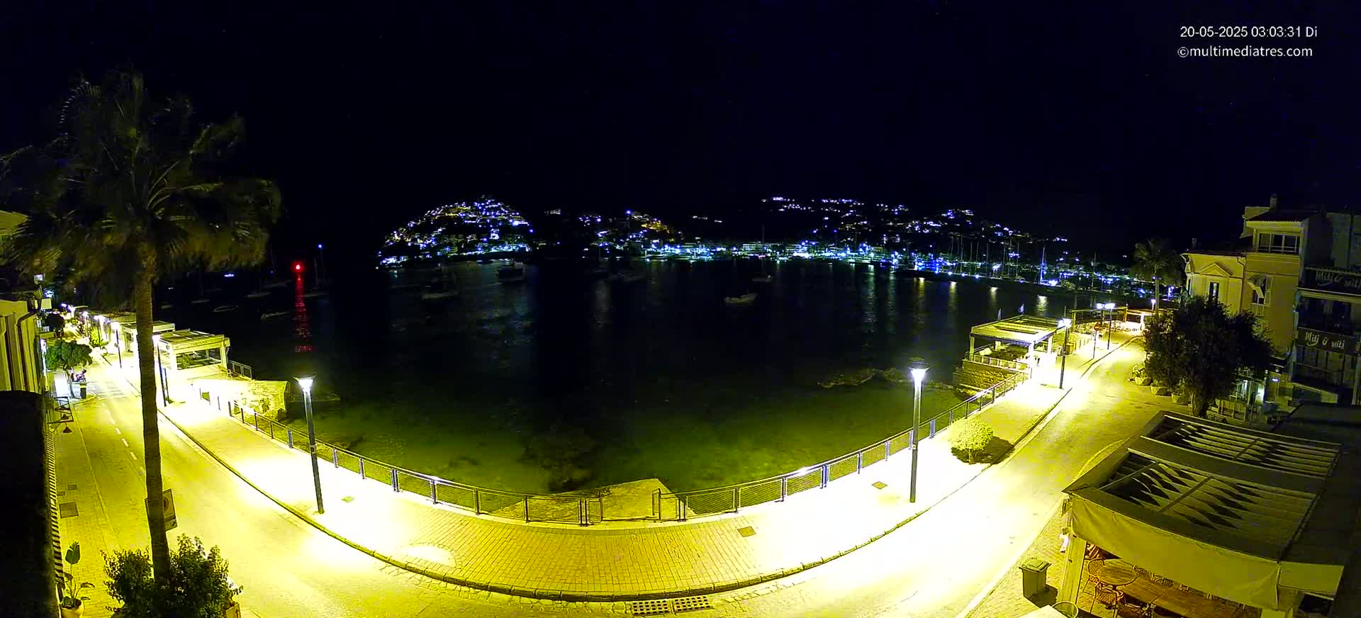 A nighttime view of a calm harbor, illuminated by streetlights, with a hilltop town shimmering with lights in the background.