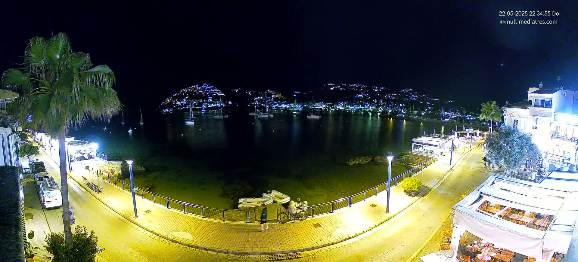 A nighttime, illuminated waterfront scene shows a calm harbor with moored boats, a paved walkway lined with buildings and palm trees, and a person standing near a bicycle.