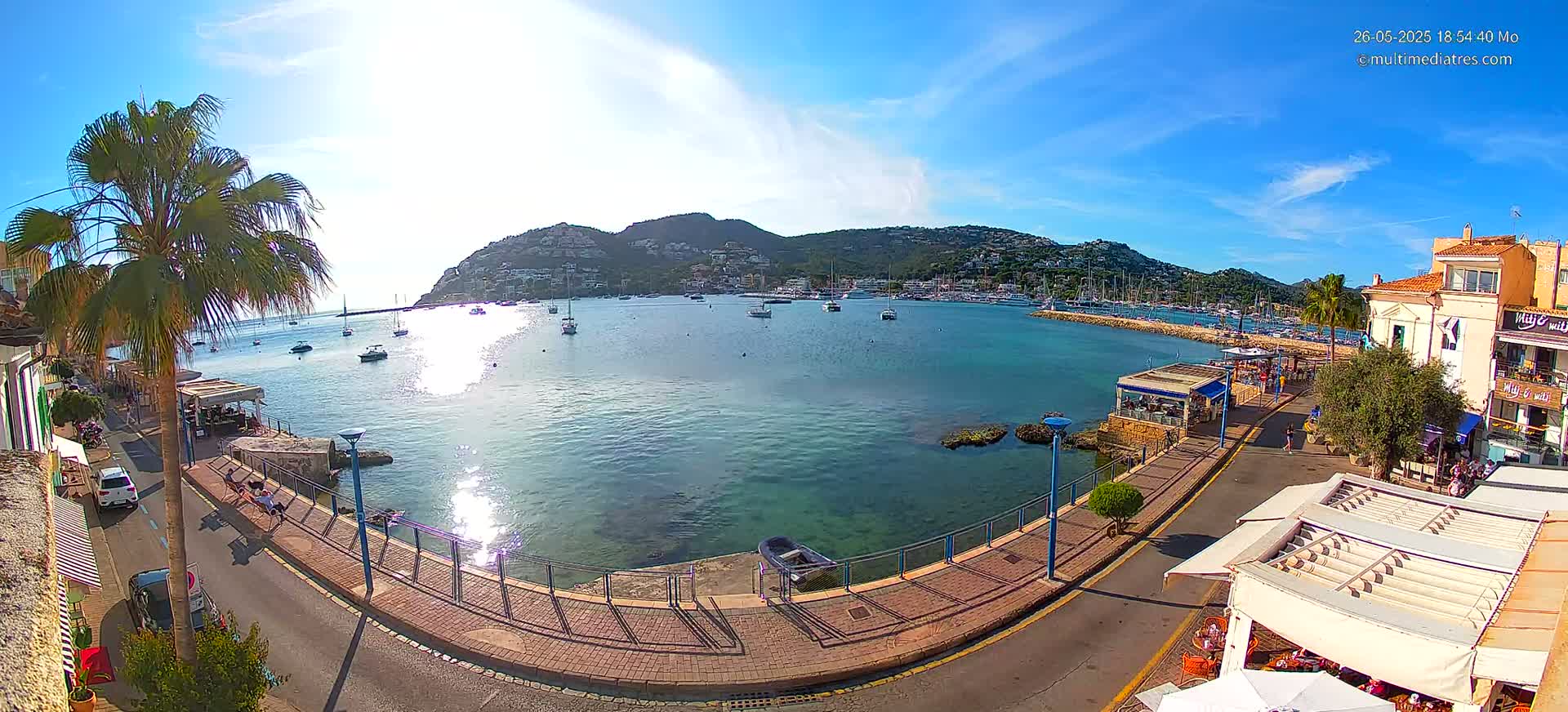 A sunny harbor scene shows a calm body of water with numerous boats, a waterfront promenade with buildings and outdoor seating, and a hill in the background.
