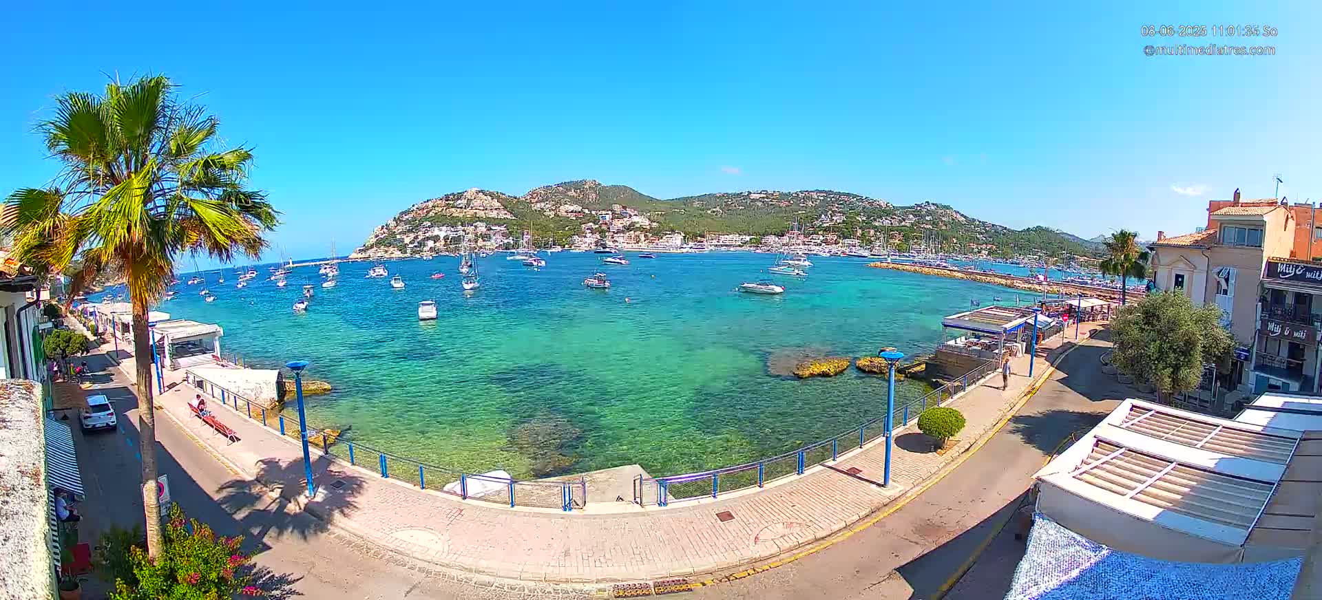 A sunny day shows a clear, teal-colored bay filled with sailboats and yachts, bordered by a paved walkway, palm trees, and buildings nestled against a hillside.