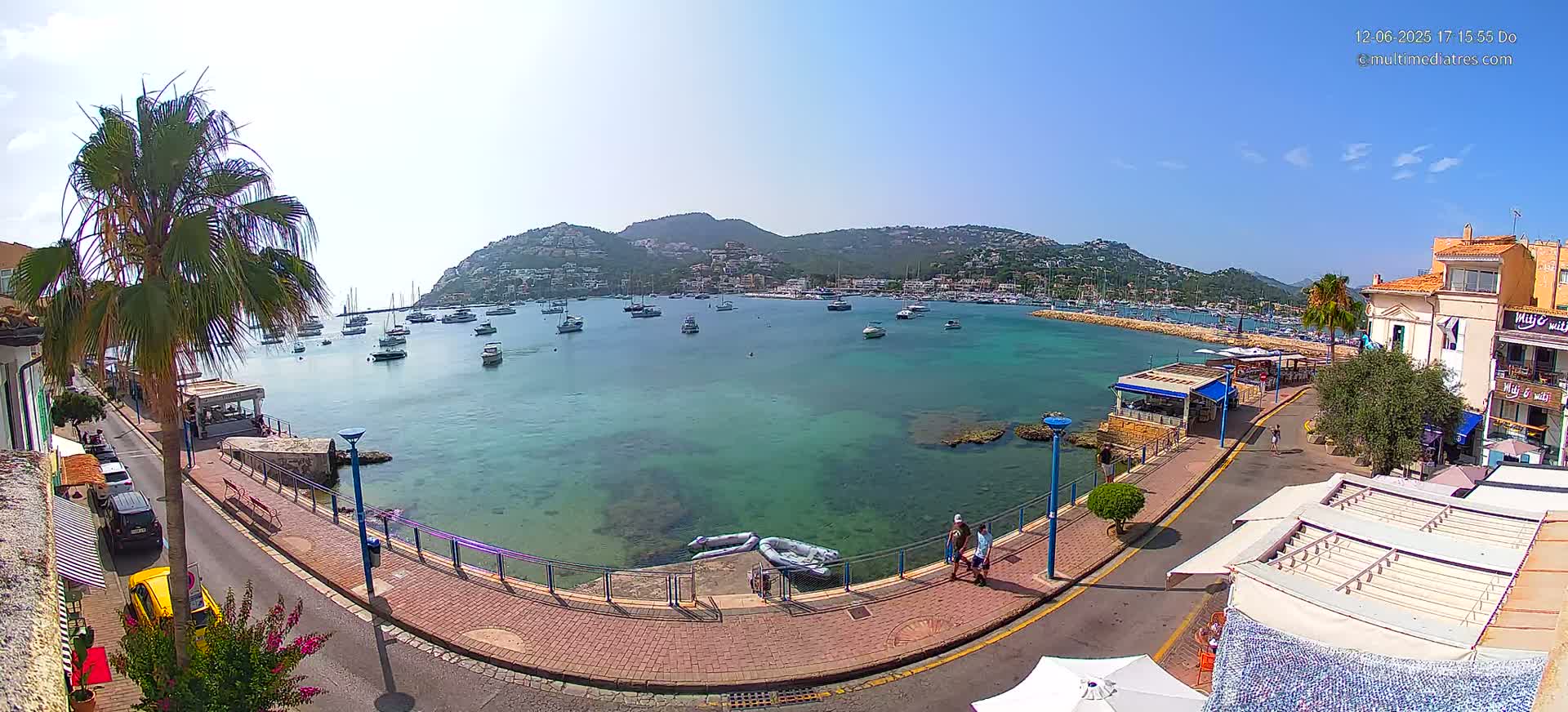 A sunny harbor scene shows numerous boats in clear, teal water, a paved walkway lined with buildings and palm trees, and a hilly town in the background.