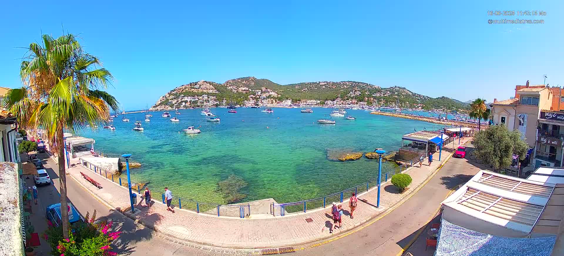 A clear, sunny day reveals a picturesque harbor filled with boats, nestled against a backdrop of a green hillside and town, with people strolling along a waterfront promenade.