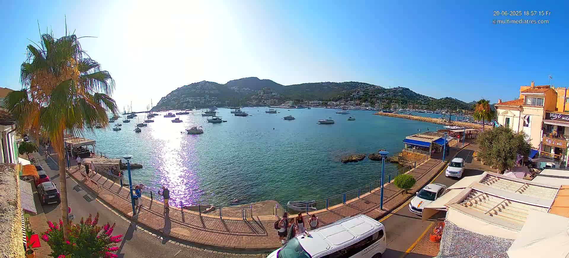 A sunny harbor scene shows numerous boats at anchor, a palm tree, buildings along the shoreline, and people walking along a waterfront promenade.