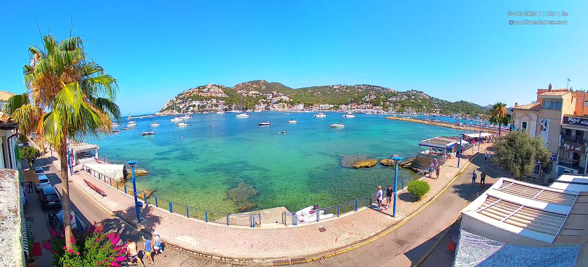 A clear, sunny day shows a harbor filled with boats and surrounded by buildings and palm trees, with people walking along a paved walkway next to the water.