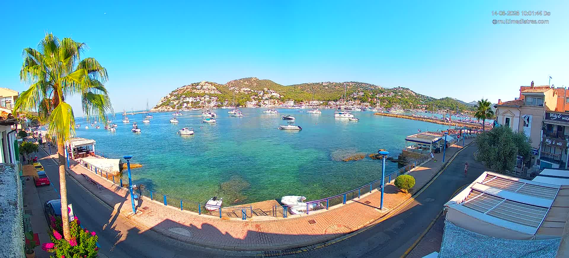 A clear, sunny day overlooks a calm bay filled with numerous boats, a seaside town with palm trees, and buildings along a paved waterfront road.