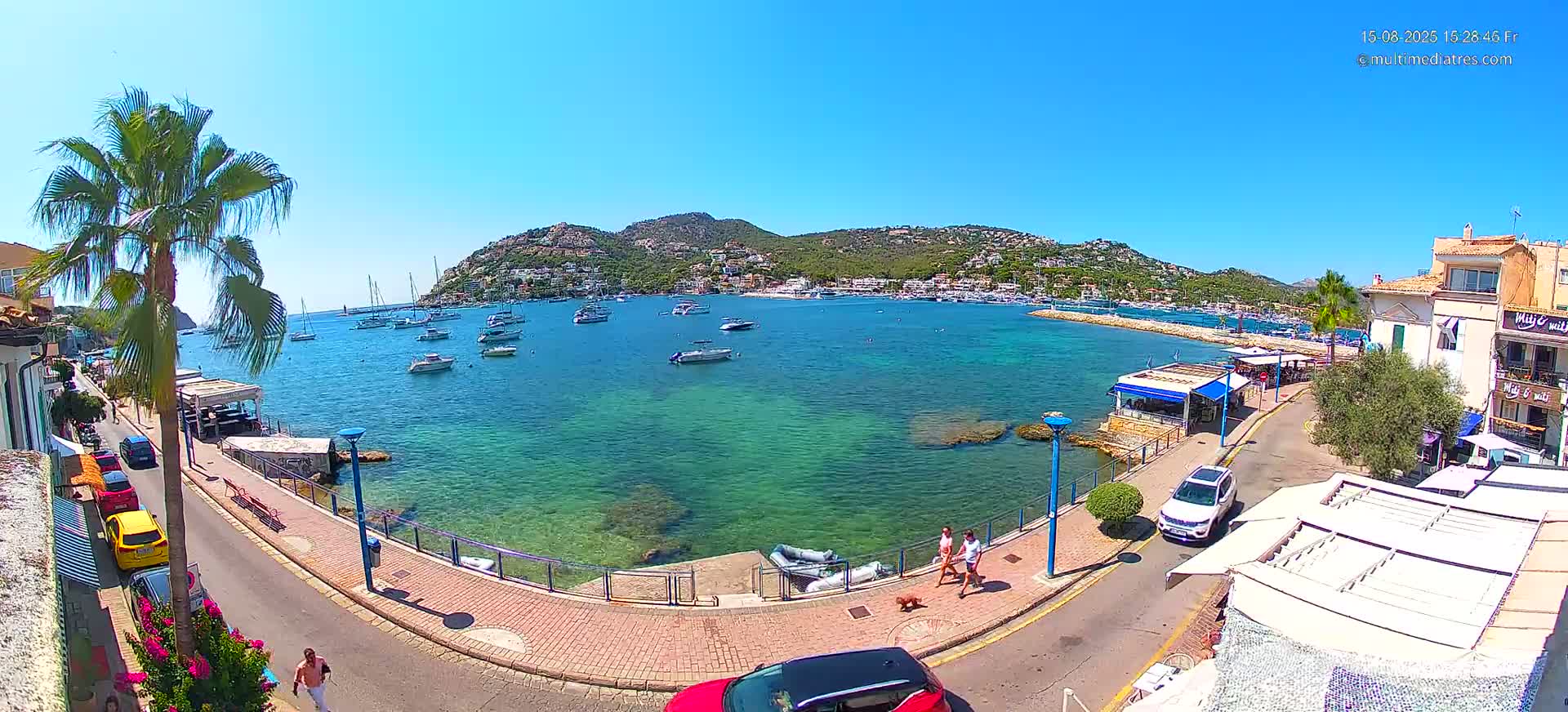 A clear, sunny day overlooks a calm bay filled with numerous boats, a seaside town with palm trees, and buildings along a paved waterfront road.