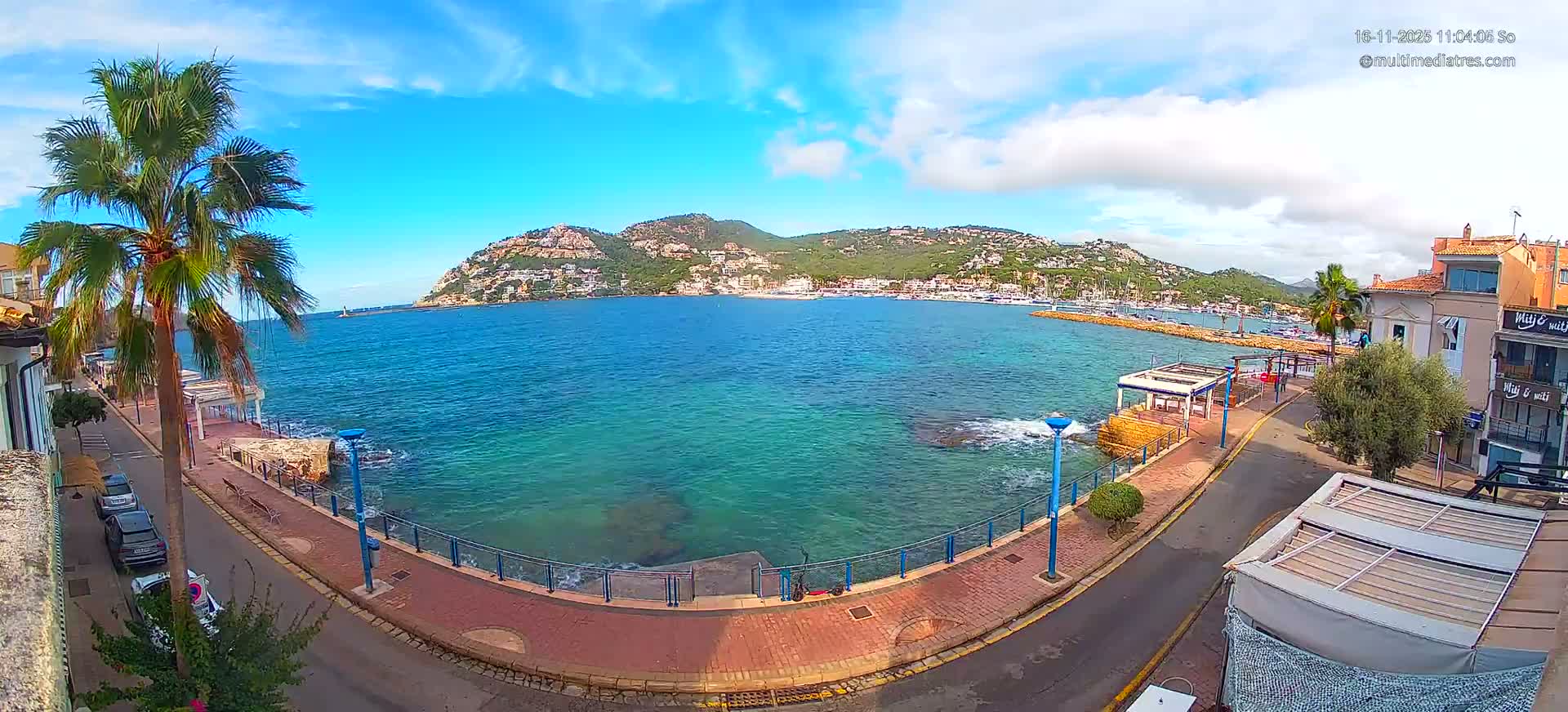 On a bright, partly cloudy day, a picturesque coastal town unfolds with its clear blue-green bay, a charming promenade, a prominent palm tree, and distant hills densely covered in white buildings.
