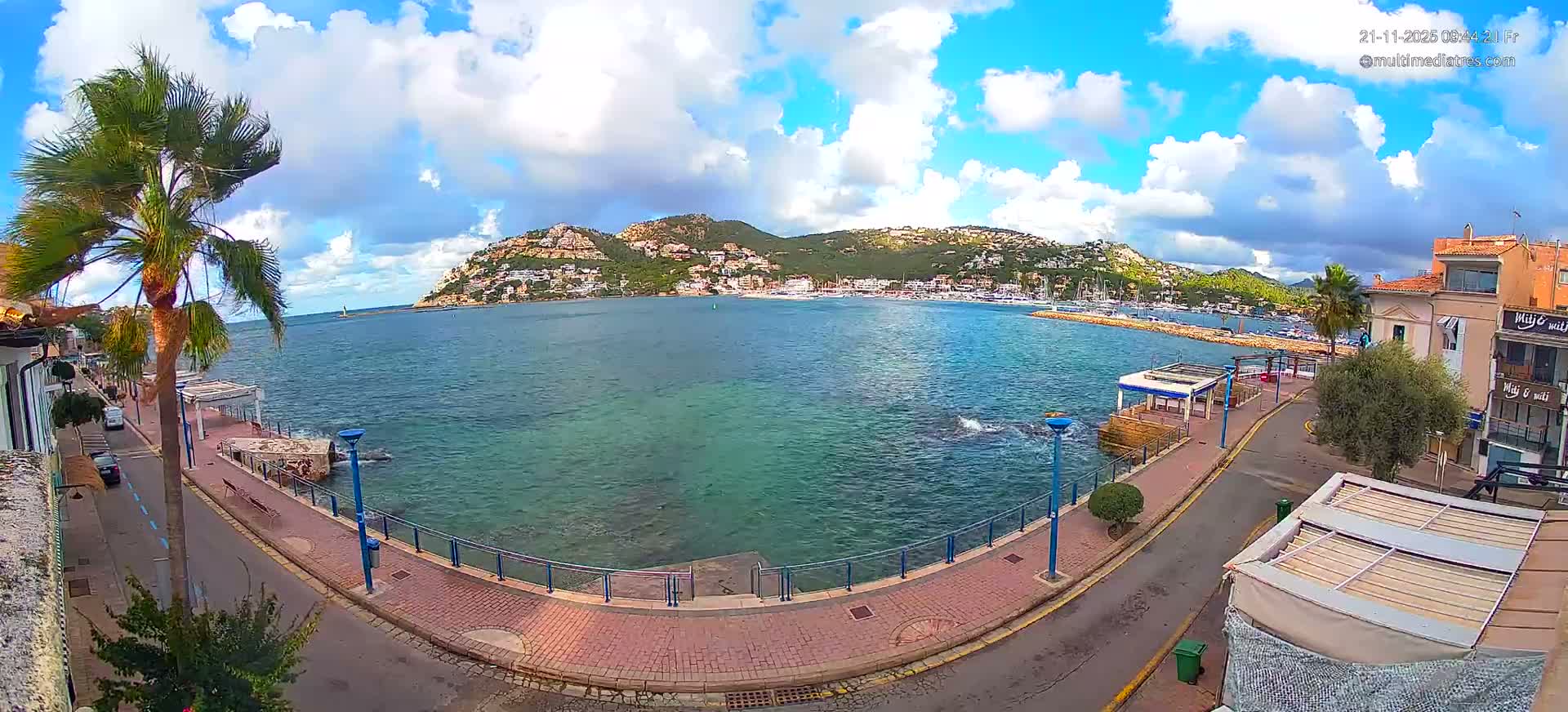 An expansive view of a sunny coastal town under a partly cloudy sky, featuring a clear blue-green bay with boats, a waterfront promenade, and hills dotted with houses in the background, with a prominent palm tree in the foreground.