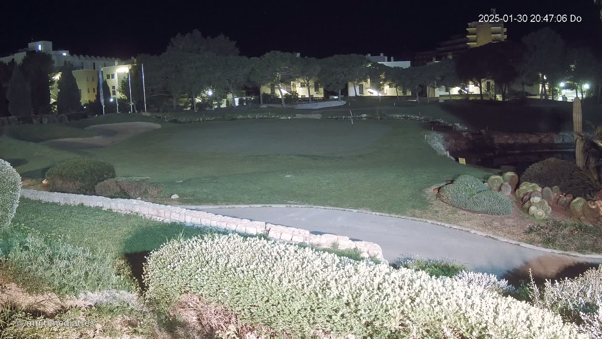 A nighttime view of a putting green at a golf course, adjacent to a building complex, with landscaping including cacti and low shrubs under artificial light.