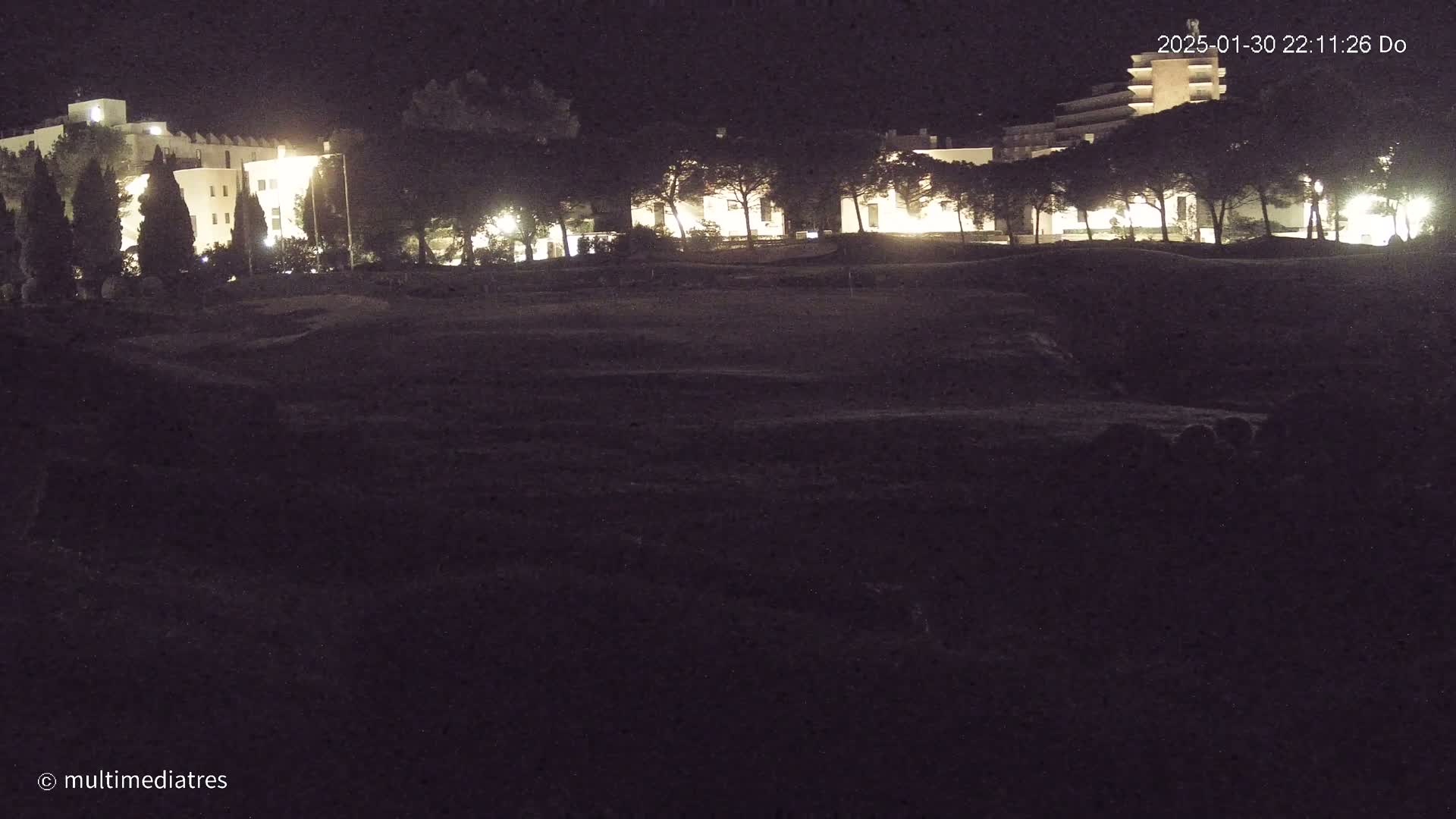 A dark, nighttime scene shows a line of illuminated buildings behind a row of trees and a mostly dark, flat expanse of land in front.