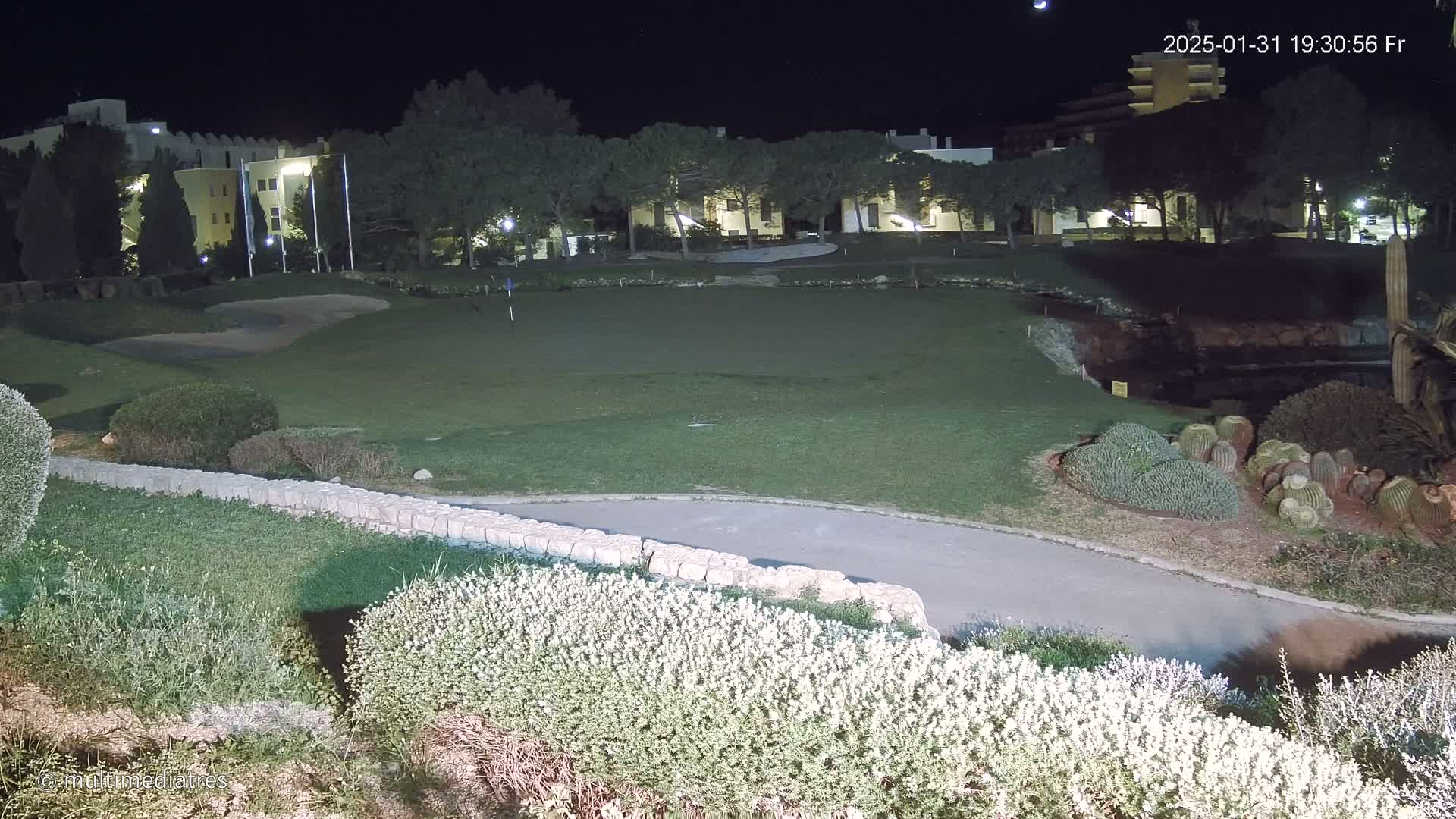 A nighttime view of a putting green, bordered by low shrubs and a stone wall, with a building and trees visible in the background under a clear sky.
