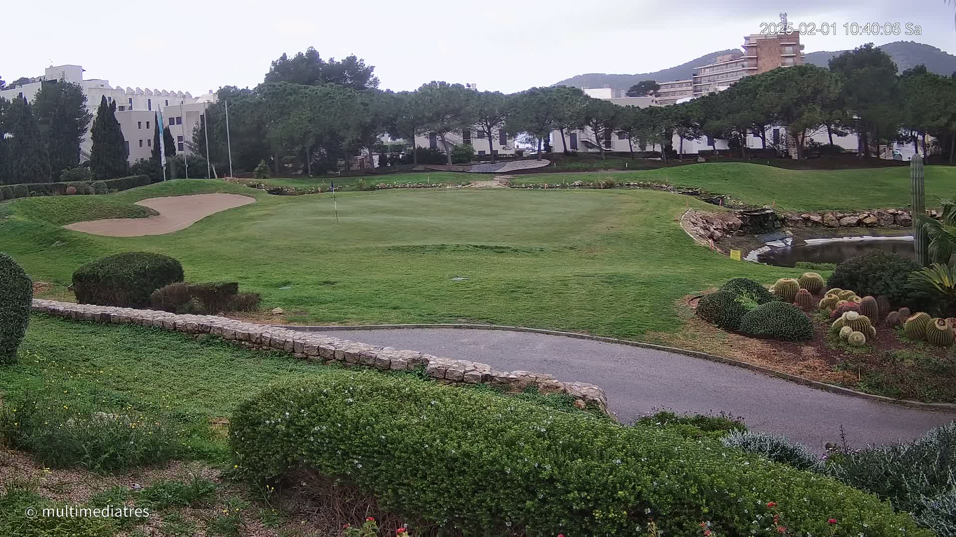 A golf course green with a sand trap, a small pond, and landscaping featuring cacti and shrubs under an overcast sky.