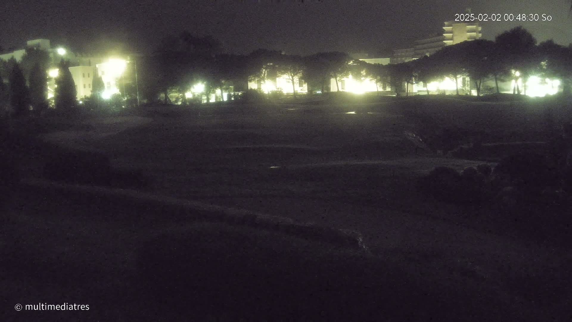 A dark, nighttime scene shows a line of illuminated buildings behind a row of trees, with a mostly empty, dark field in the foreground.