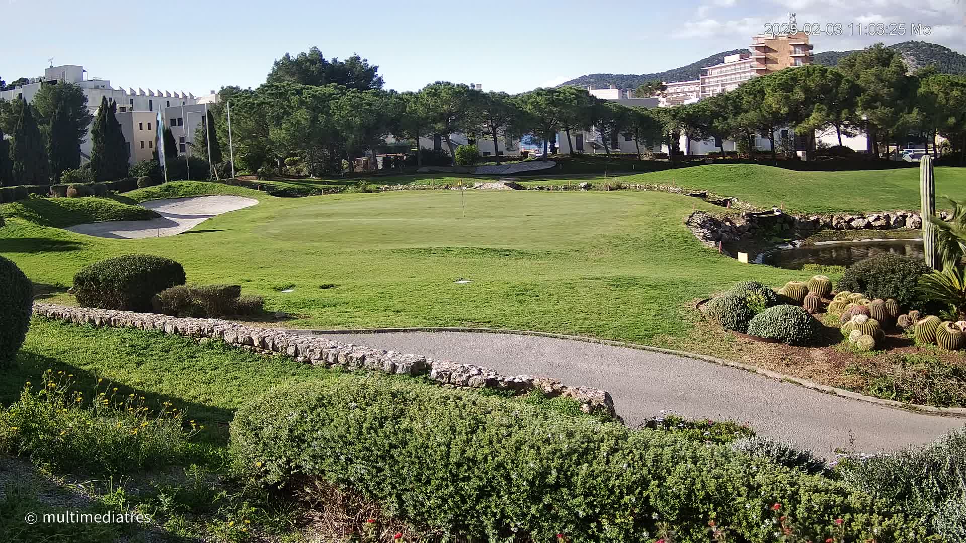 A sunny day reveals a golf course with a green, sand traps, a small pond, and a variety of shrubs and cacti, all situated near buildings and trees.