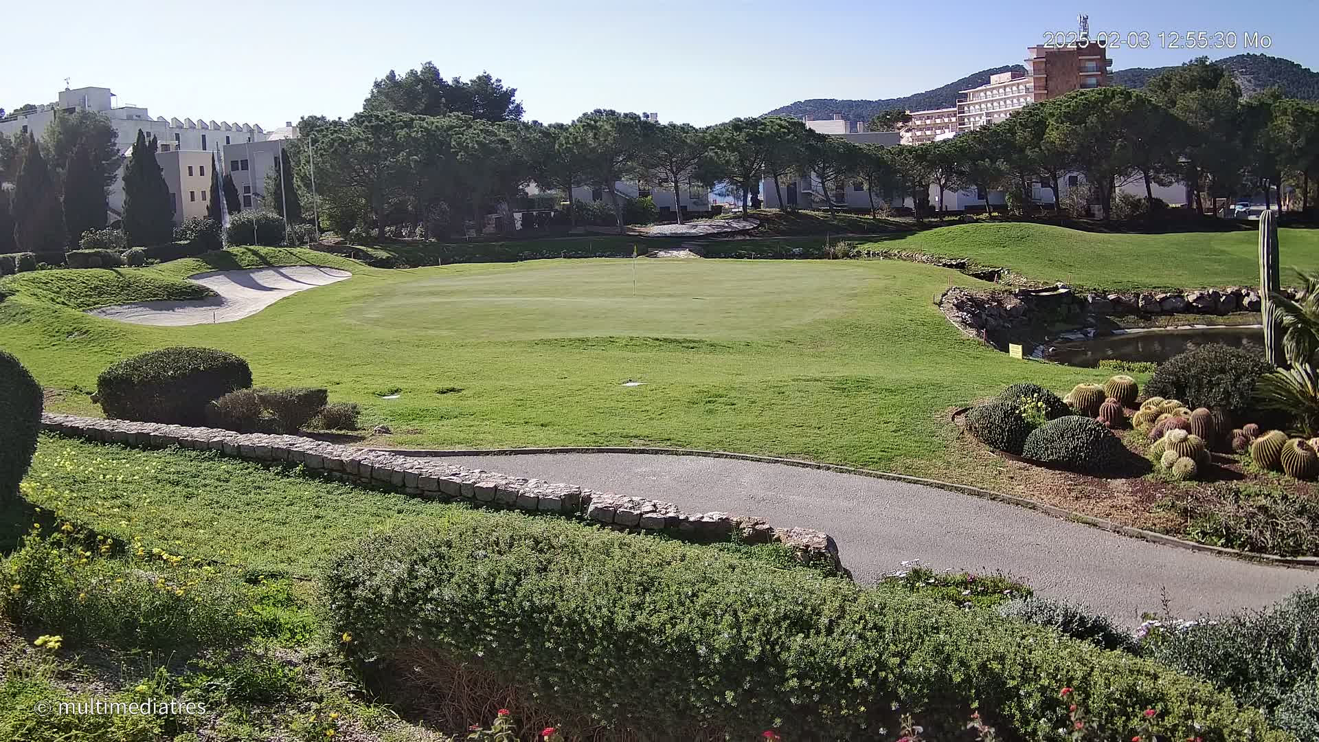 A golf course green with a sand trap, bordered by low stone walls, shrubs, and cacti, under sunny skies.