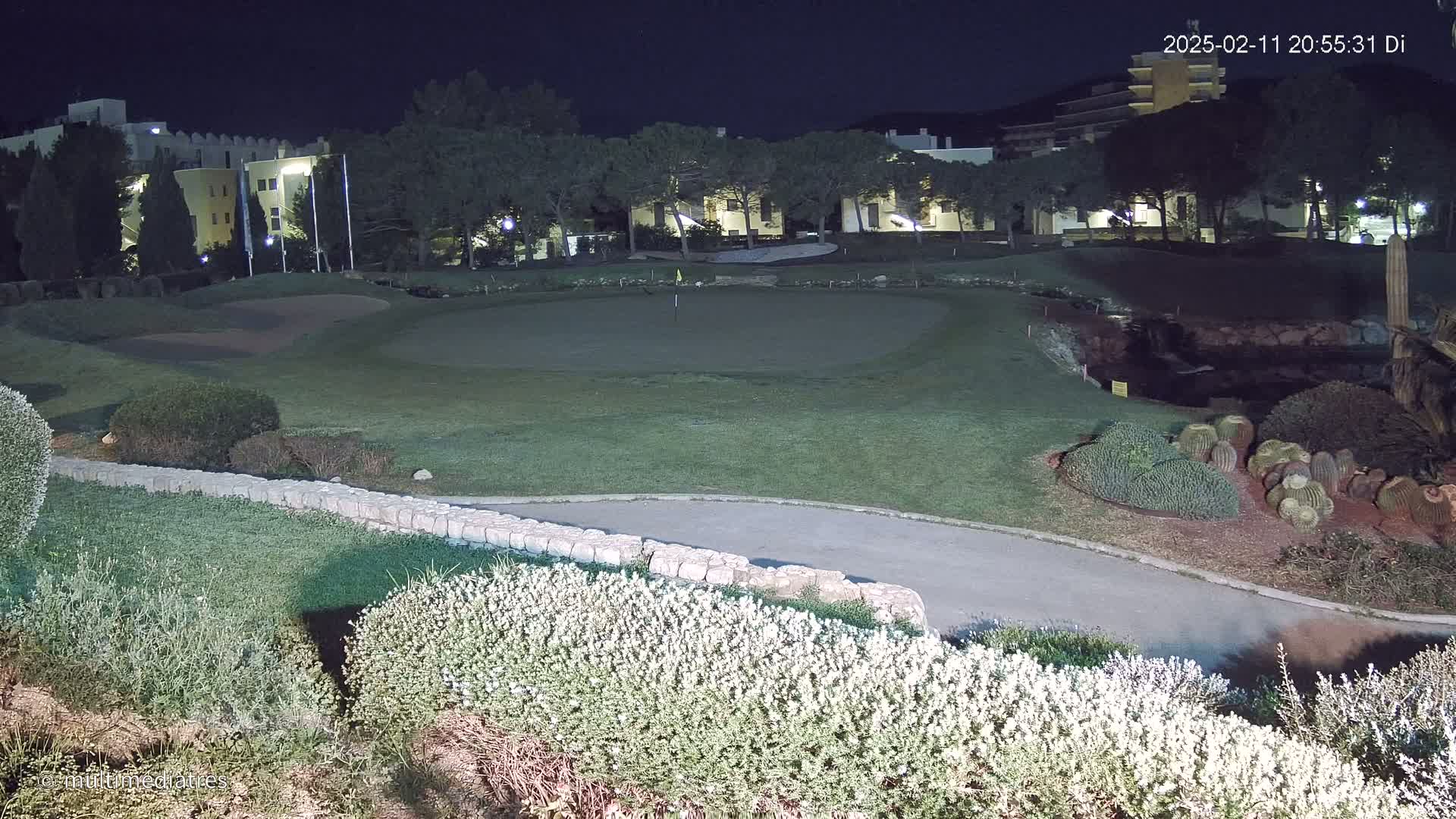 A putting green at night is illuminated, surrounded by landscaping, with buildings visible in the background under a dark sky.
