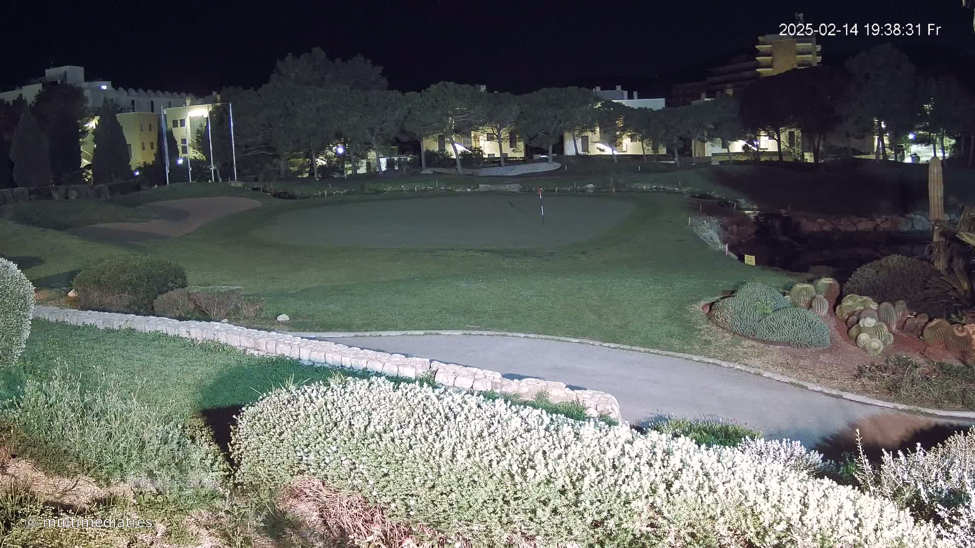 A nighttime view of a putting green illuminated by artificial lights, bordered by shrubs and a low stone wall, with buildings and trees visible in the background under a clear, dark sky.
