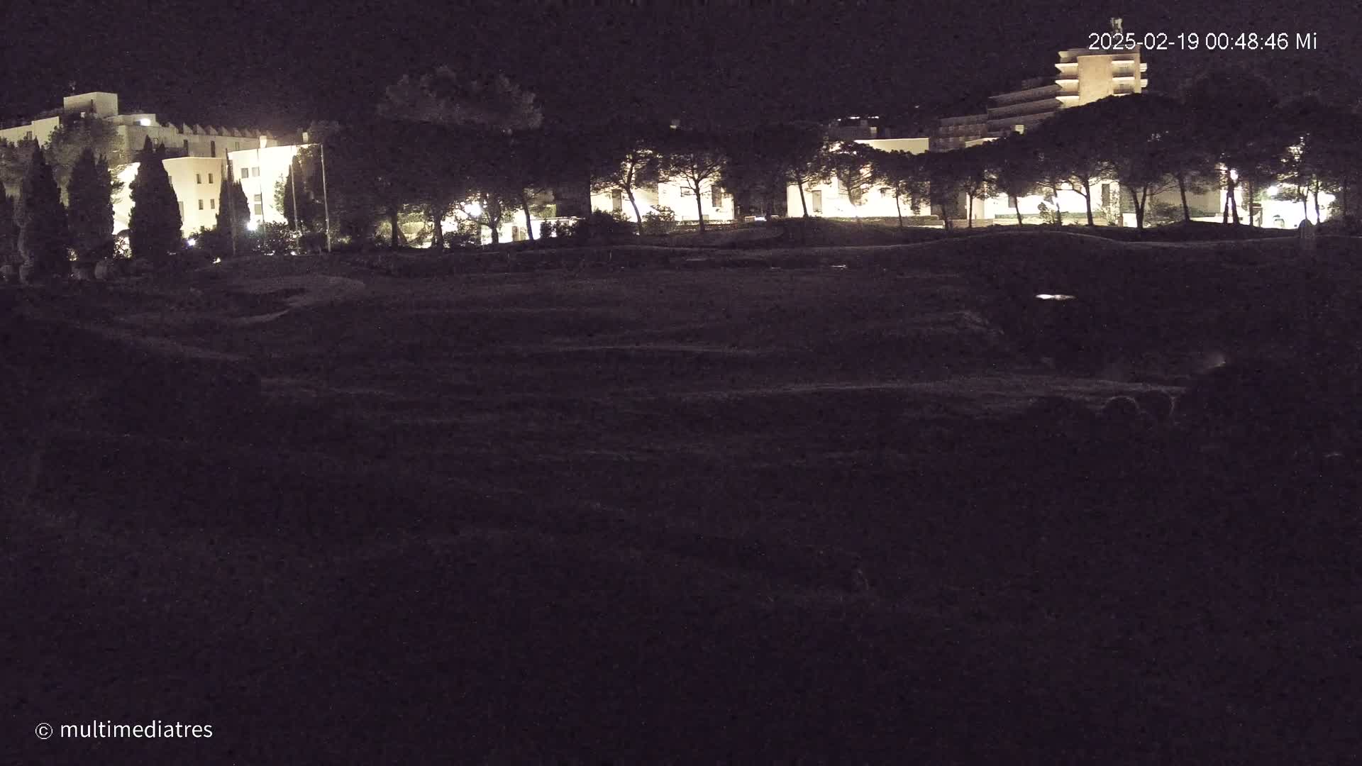 A dark, nighttime scene shows a row of lit buildings behind a line of trees and a large, dark, seemingly empty field in front of them.