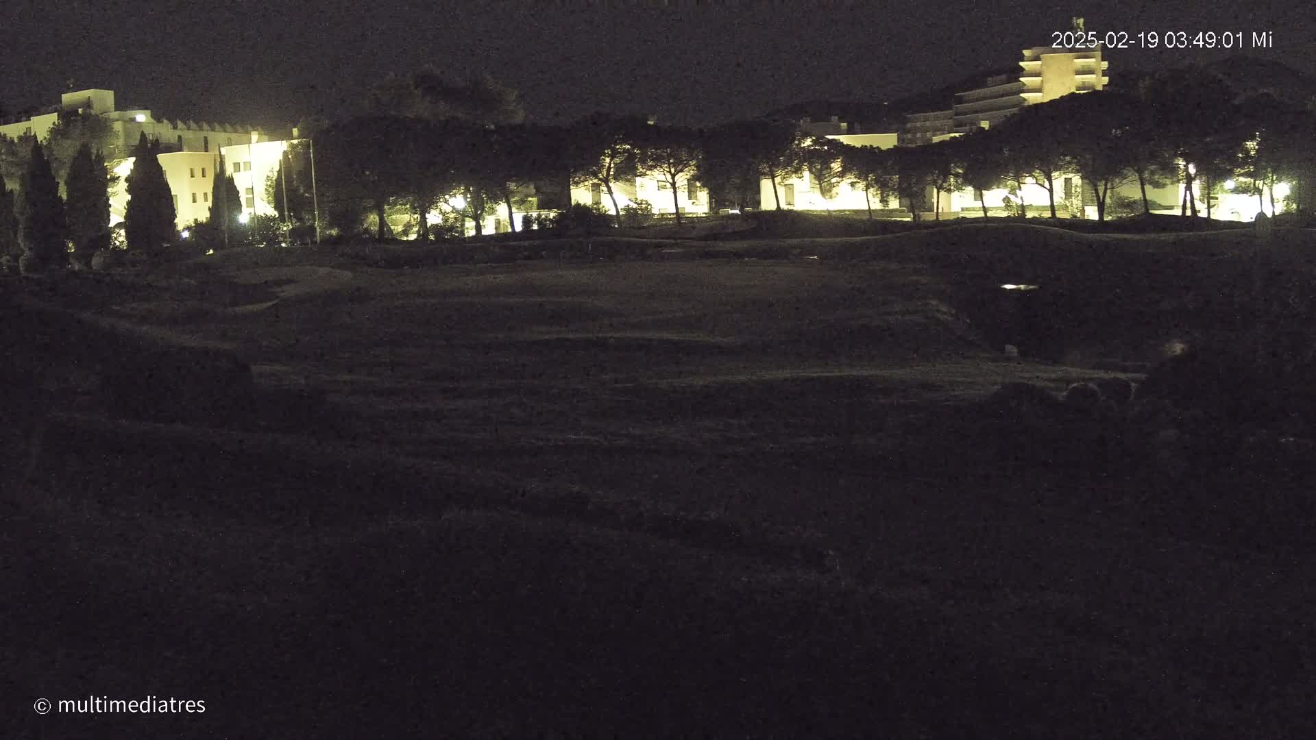 A dark, nighttime scene shows a grassy area with some buildings faintly illuminated in the background under a clear sky.