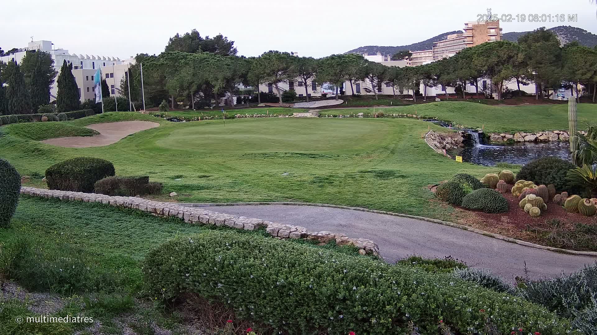 A golf course green with a sand trap, a small waterfall and pond, and a collection of cacti and succulents is situated near a building and a row of trees under a cloudy sky.