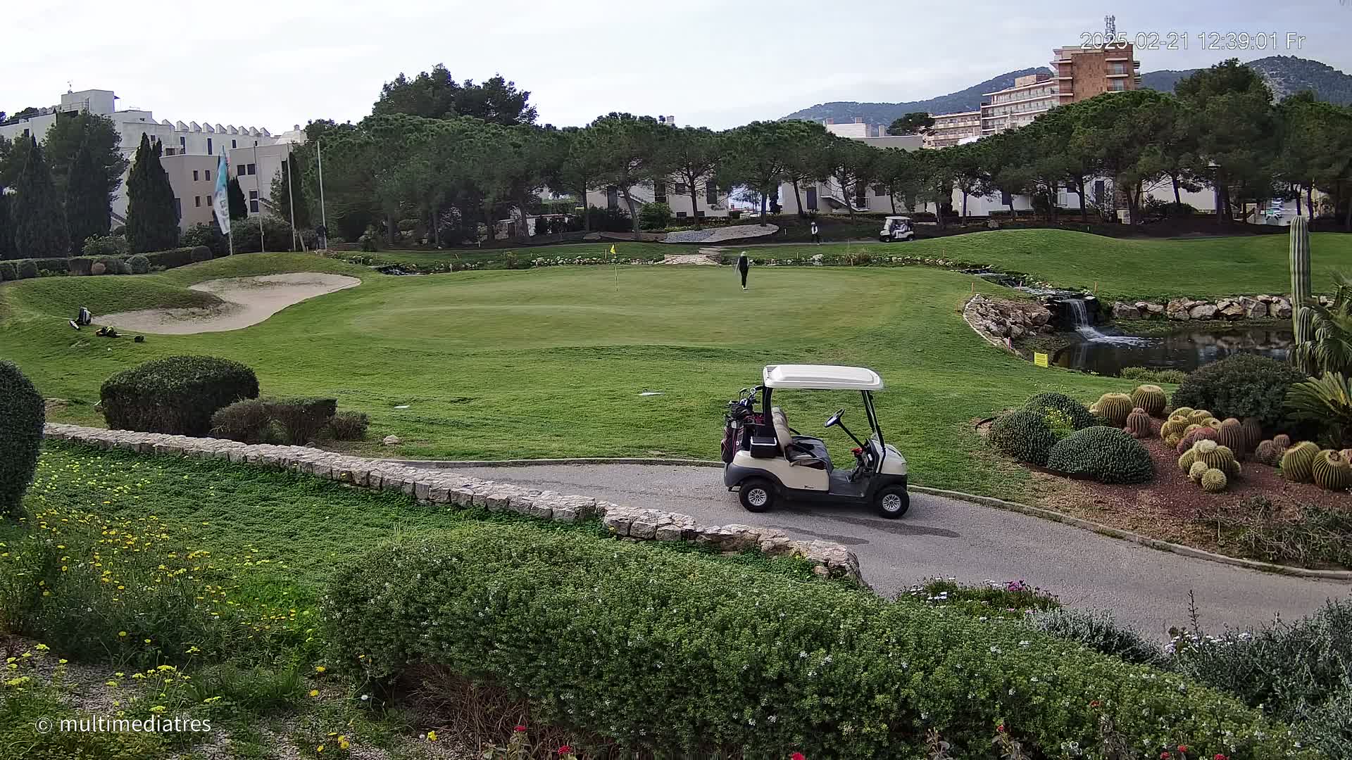 A golf course with a golf cart, a person walking on the green, a small pond, and a variety of cacti under an overcast sky.