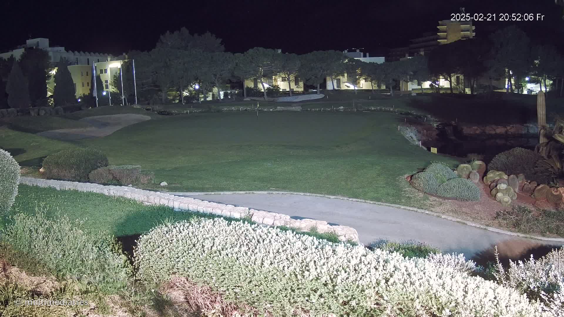A nighttime view of a grassy area, possibly a golf course, with low shrubbery and a building in the background under dark, clear skies.