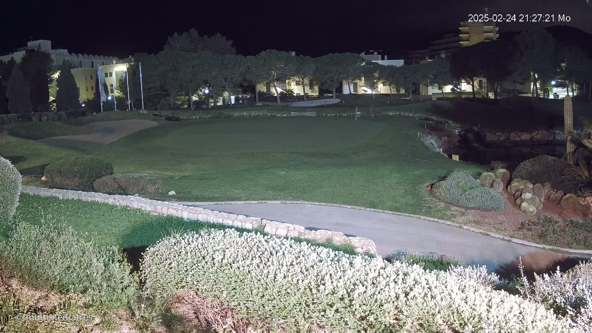 A nighttime view of a golf course putting green, bordered by shrubs and a low stone wall, with buildings and trees visible in the background under artificial light.