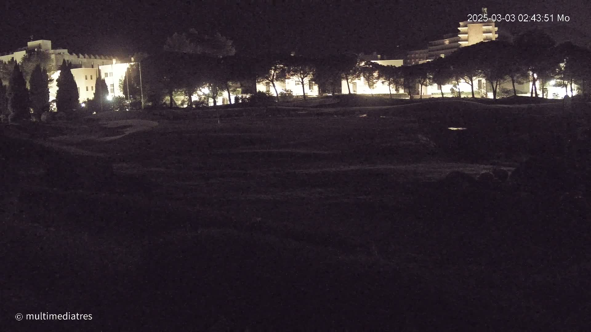At night, illuminated buildings are partially obscured behind a line of dark trees and a mostly dark, flat expanse of land.