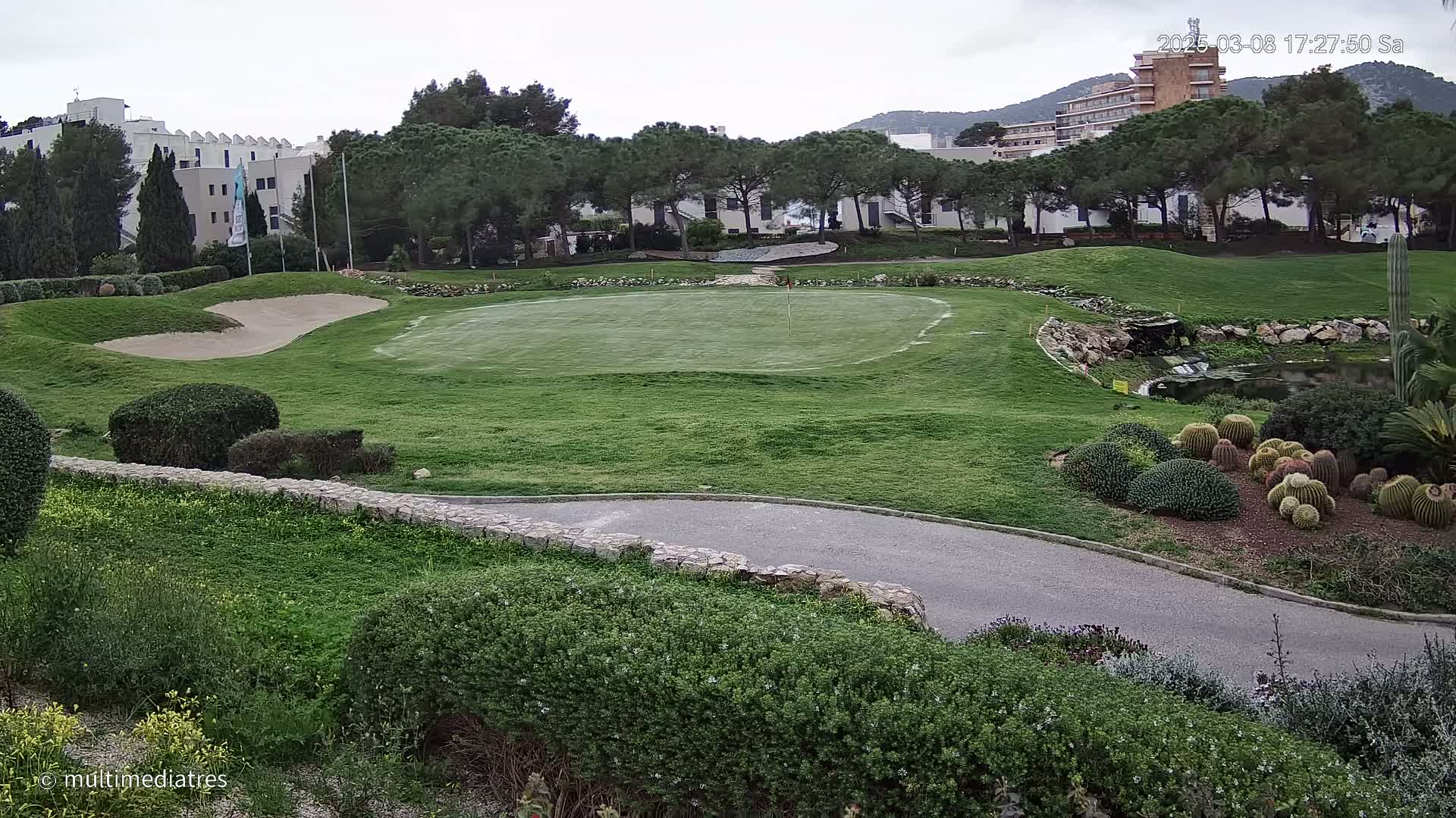 A putting green on a golf course is surrounded by landscaping, including a sand trap, a small pond, cacti, and shrubs, with a building and trees in the background under an overcast sky.