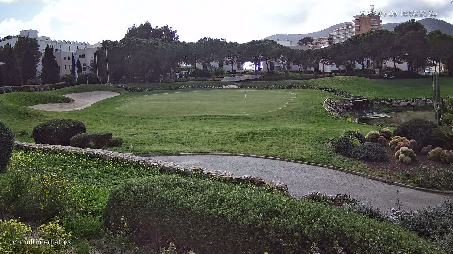 A golf course green with sand traps and a small pond is situated near buildings and a stand of pine trees under a partly cloudy sky.