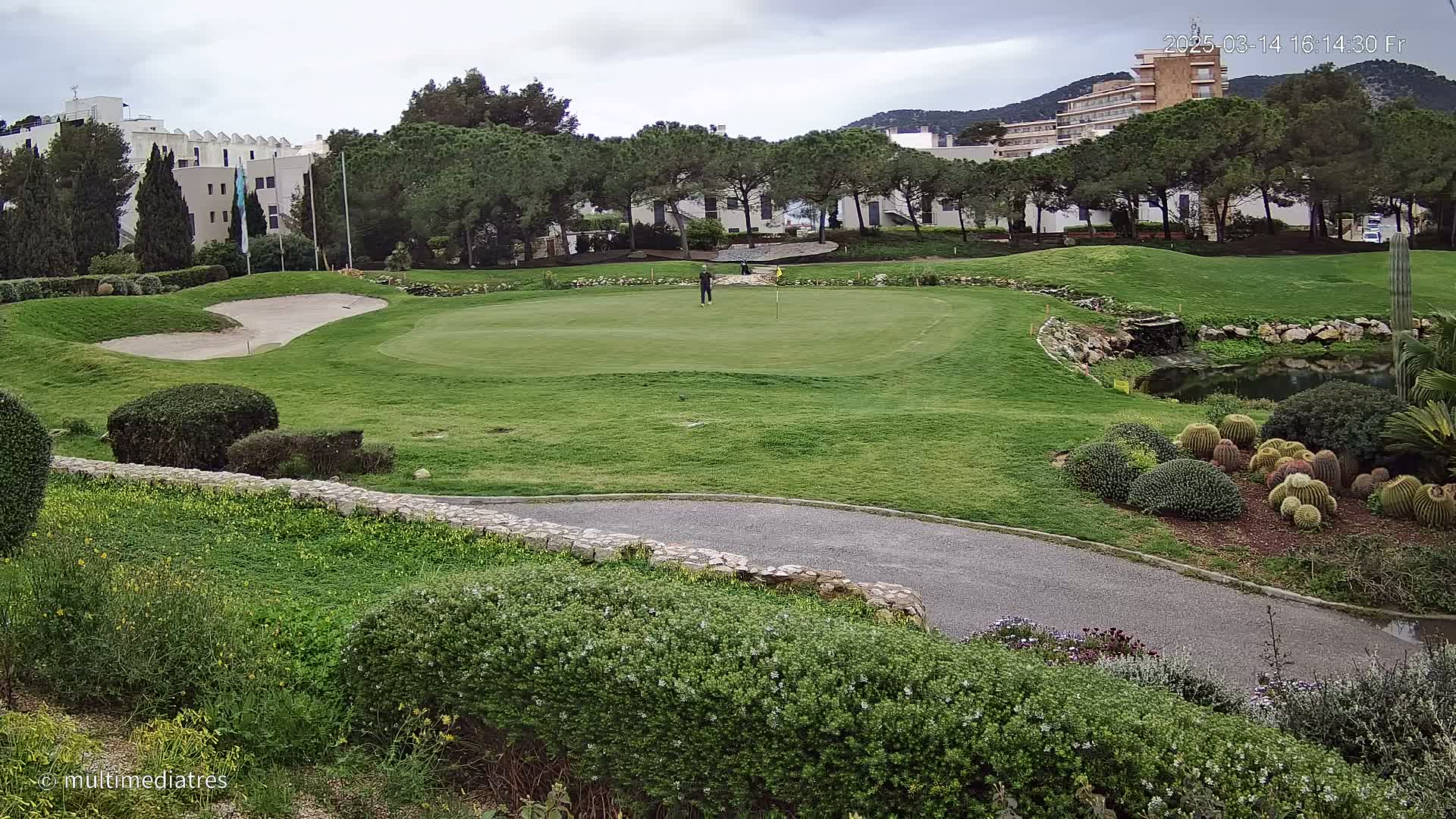 A golfer stands on a green putting surface of a golf course on an overcast day, with a sand trap, landscaping, and buildings visible in the background.