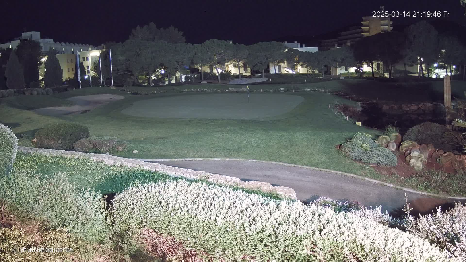 A lighted putting green at night, bordered by shrubs and a low stone wall, with a building and trees visible in the background.