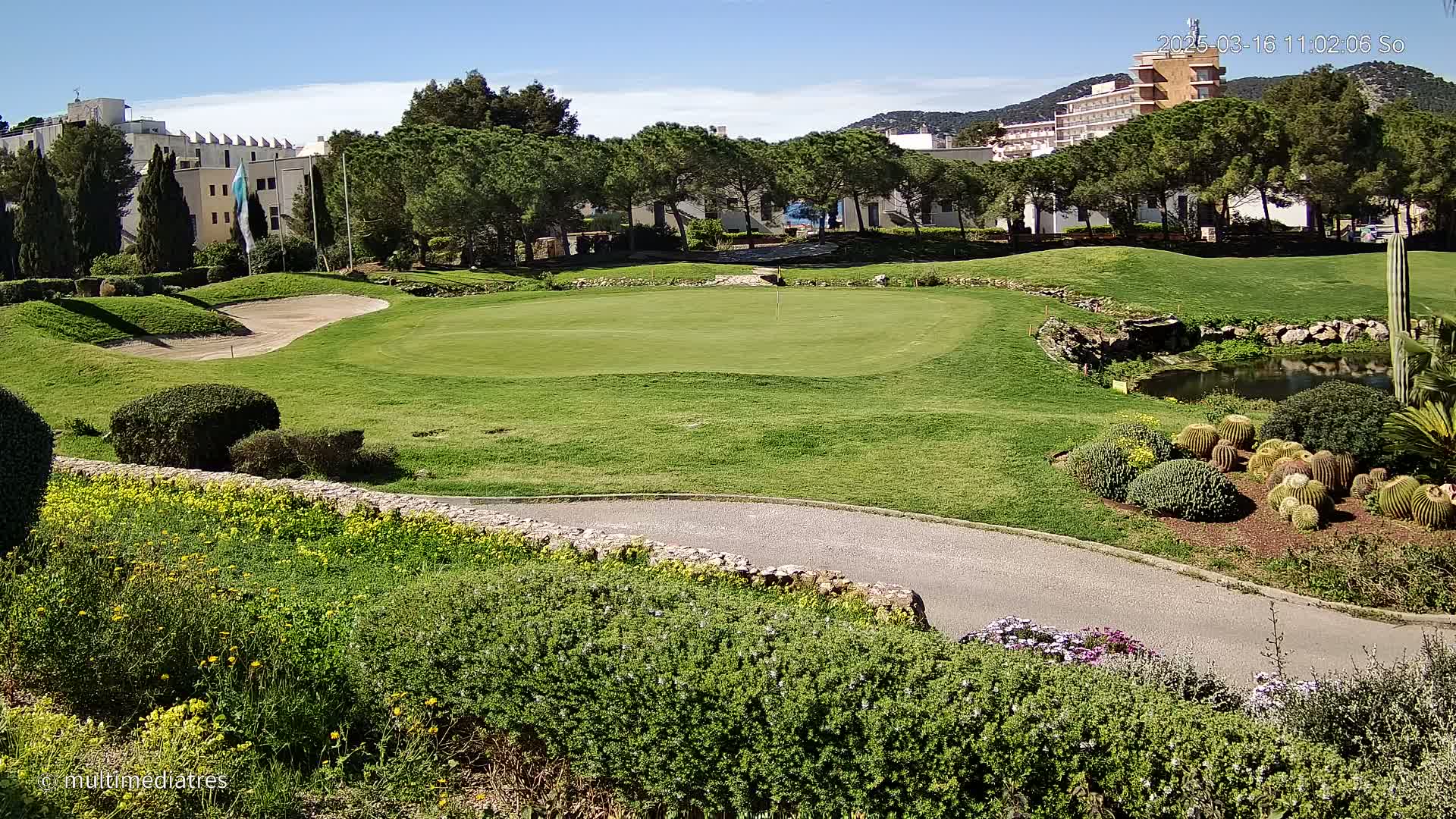 A green golf course with a putting green, sand traps, landscaping including cacti, and buildings in the background under a sunny sky.