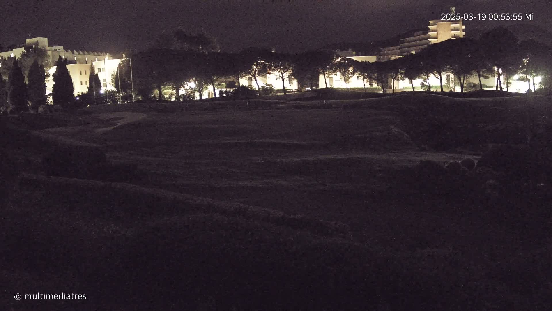 A nighttime view of a grassy area with a row of illuminated buildings and trees in the background.