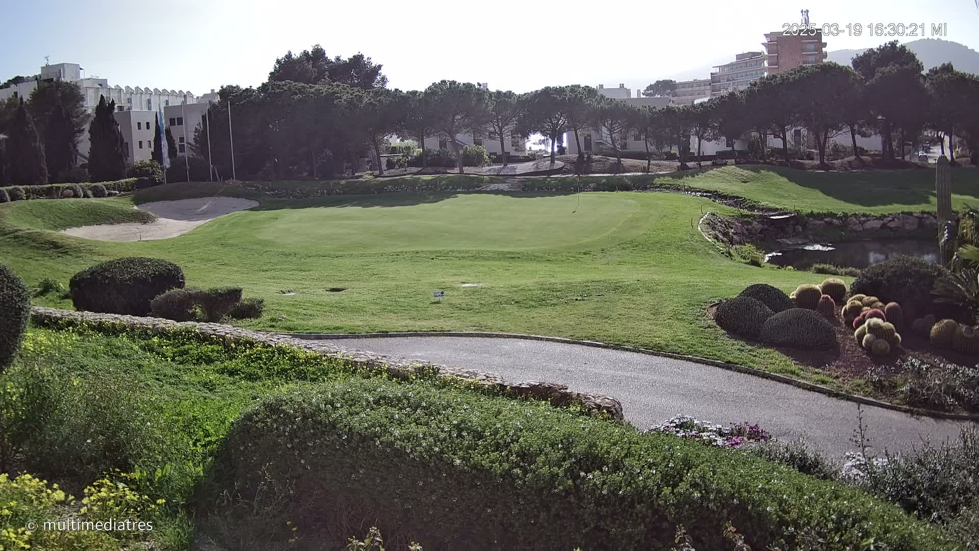 A golf course green with a sand trap, bordered by shrubs, a paved path, and a small pond, under a sunny sky.