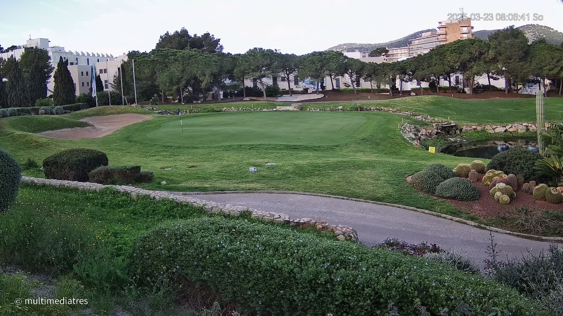 A golf course green with a sand trap, a small pond, and a collection of cacti, under a partly cloudy sky, is situated near buildings and trees.