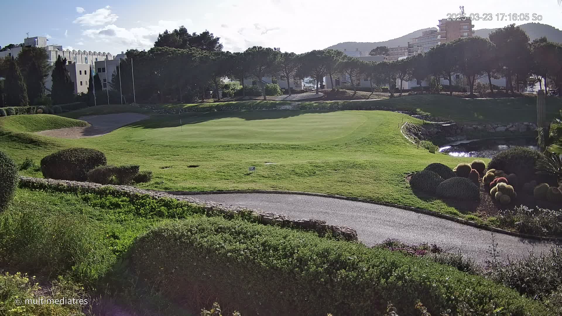 A sunny golf course green with a paved path, surrounded by manicured lawns, shrubs, and a small pond, is situated near buildings and trees.