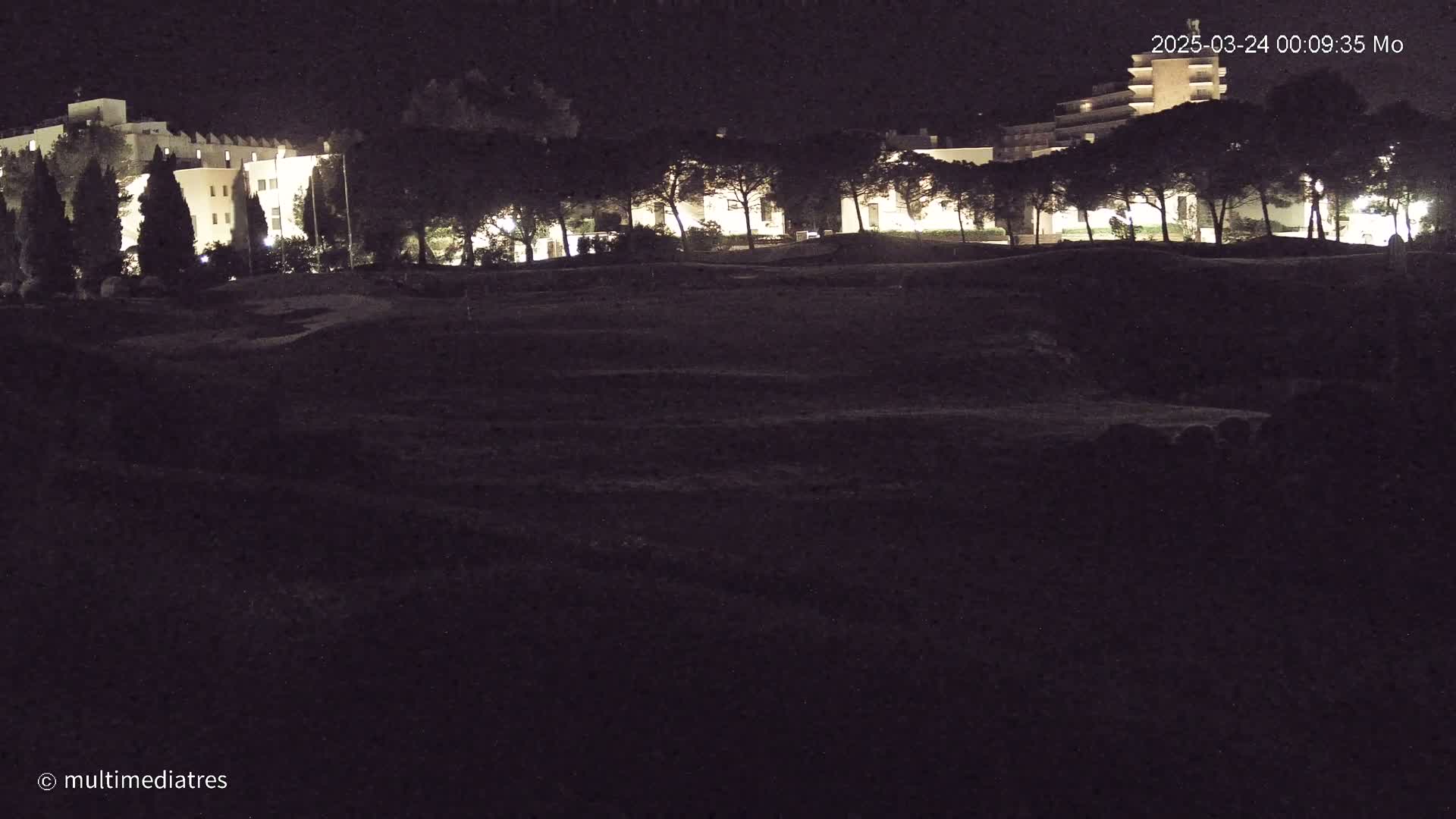 A nighttime view shows a lighted building behind a line of dark trees and a dark, mostly flat expanse of land in front of them.
