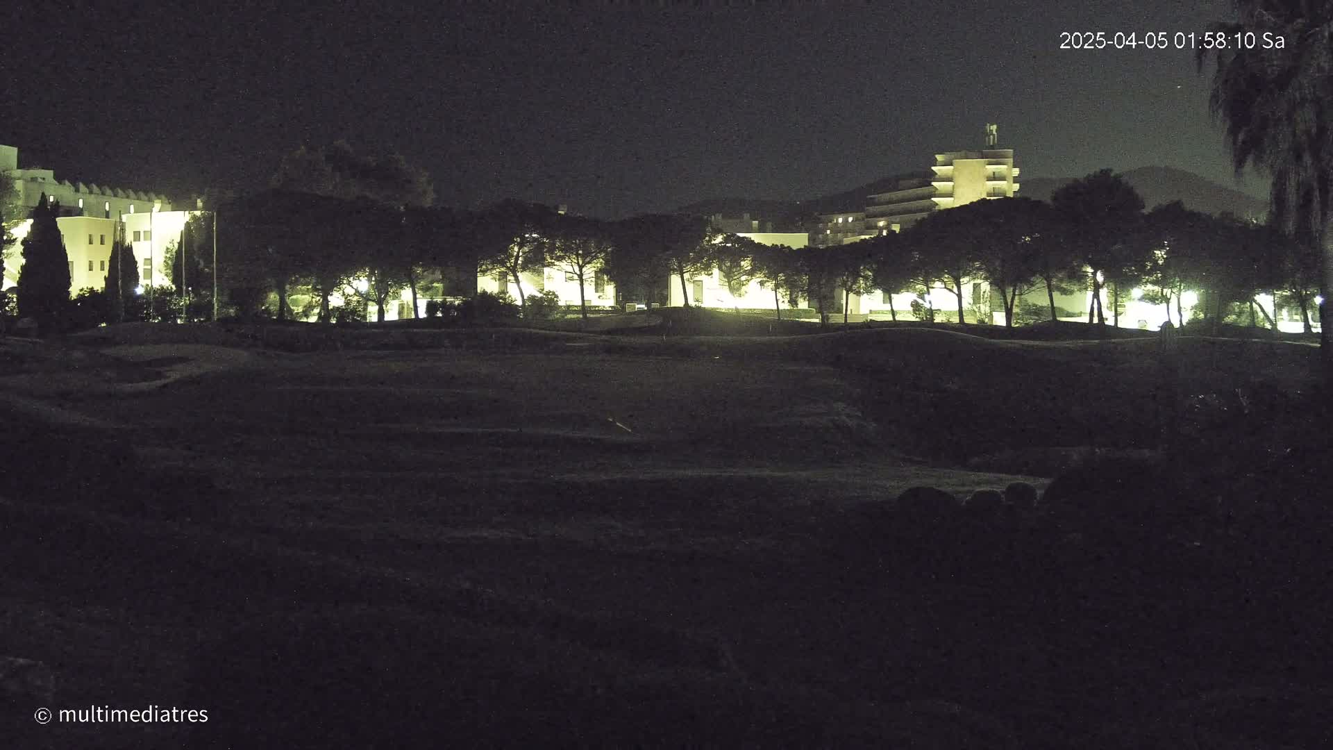 A dark, nighttime scene shows several illuminated buildings behind a row of trees and a shadowed, grassy area in the foreground.