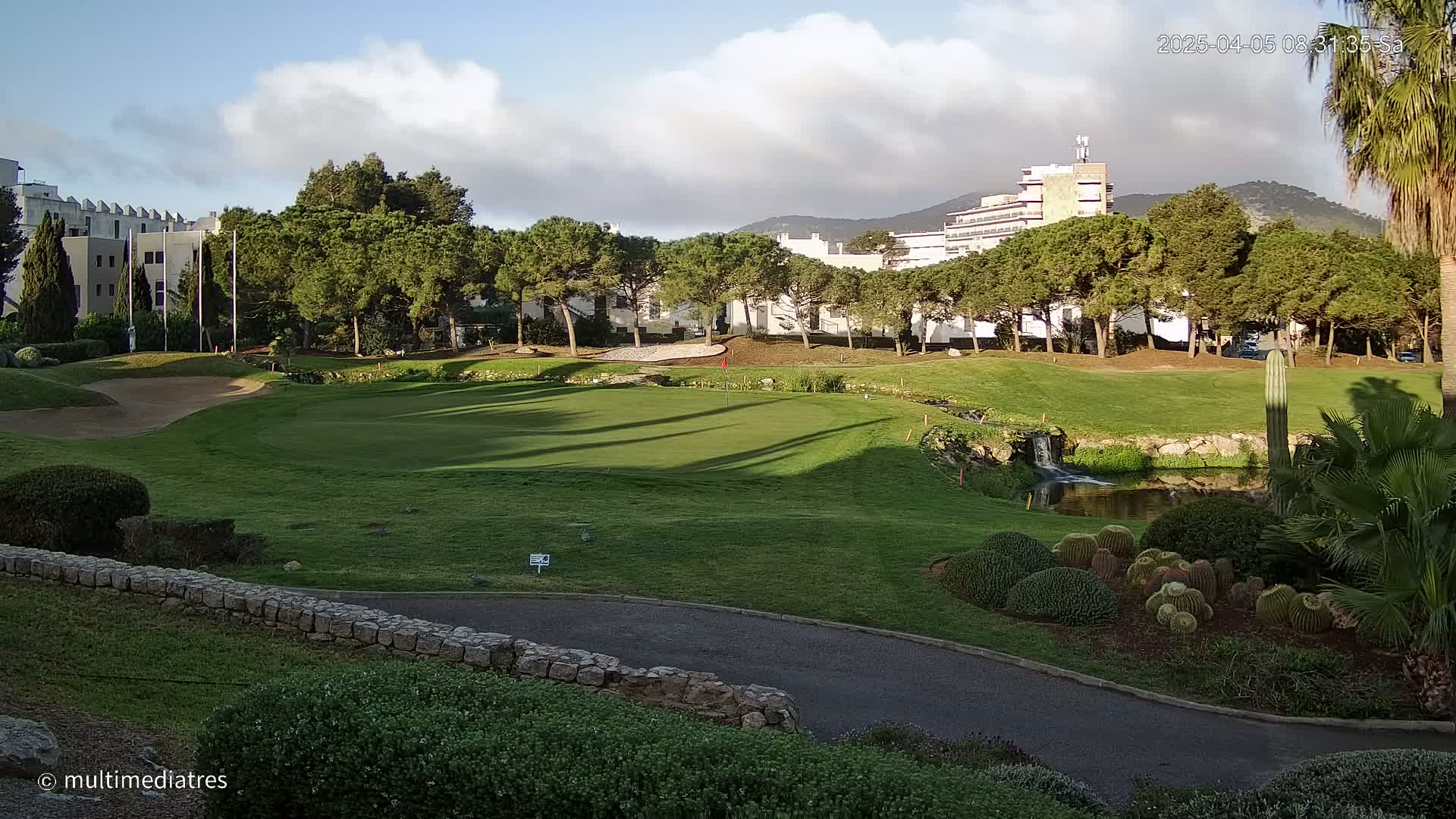 A sunny golf course with a putting green, a small pond, and buildings in the background.