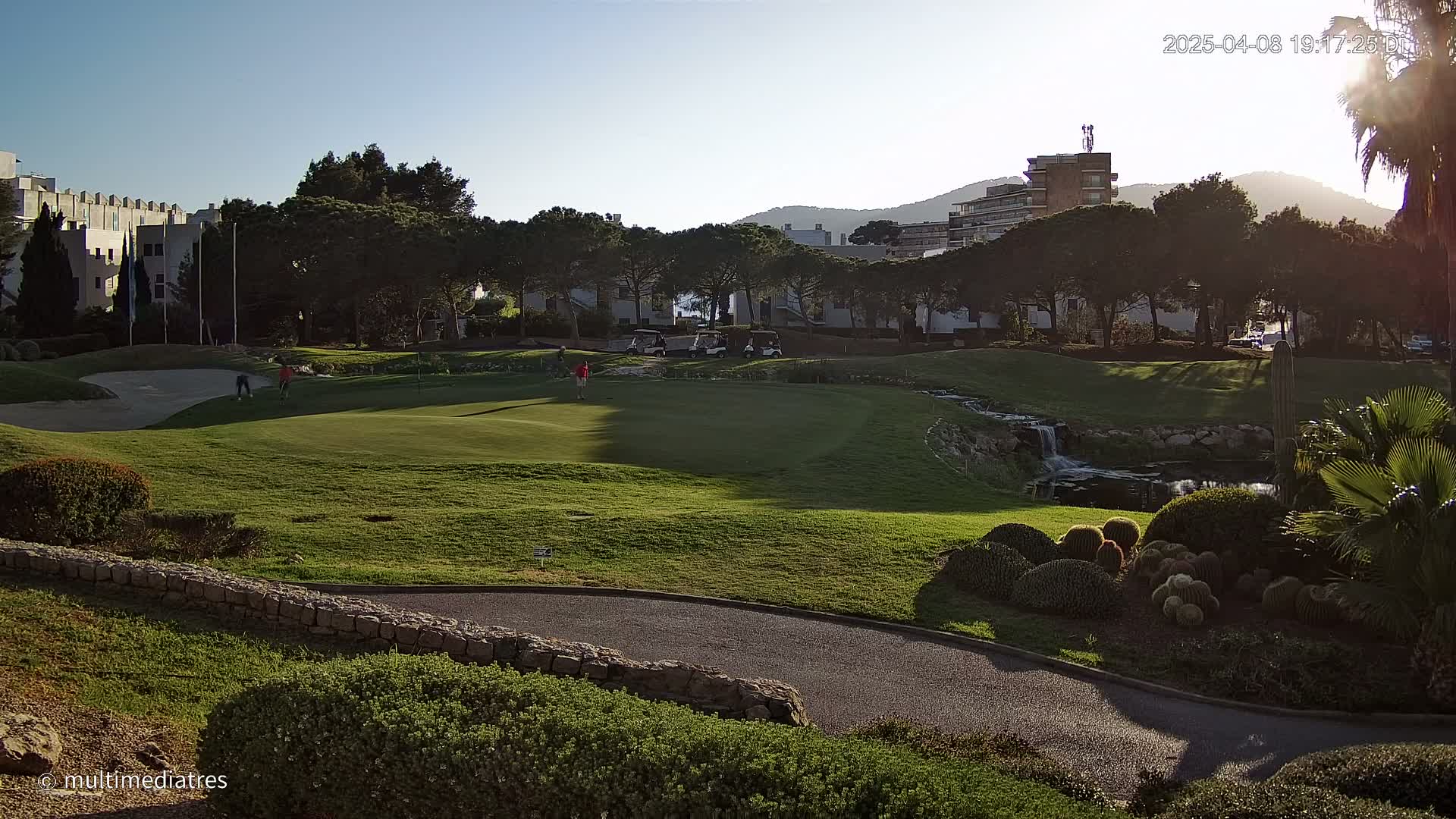 A golf course green with several golfers and golf carts, under a clear sunny sky, is situated near buildings and a line of trees.