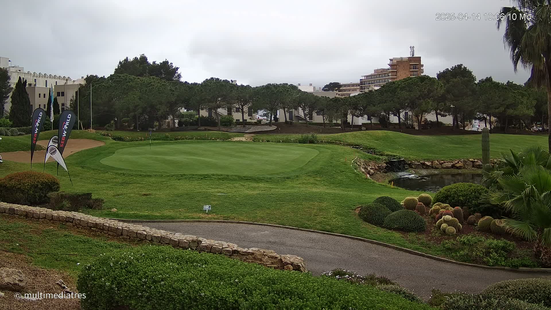 A golf course green with a small pond and cactus garden is seen under an overcast sky, with buildings in the background.